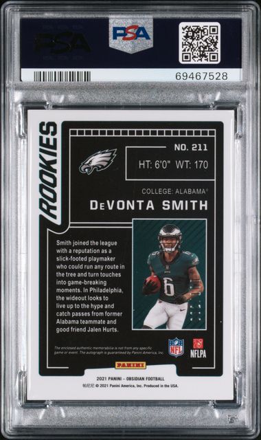2021 Obsidian DeVonta Smith Rookie Patch Auto #/100 PSA 9 Auto Grade 10