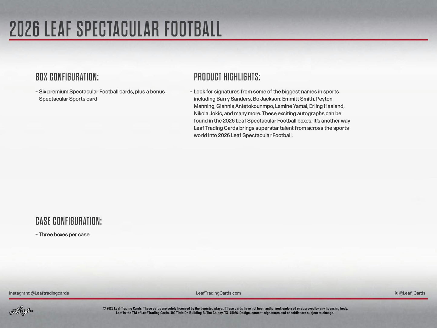 2026 Leaf Spectacular Football (1) Hobby Box
