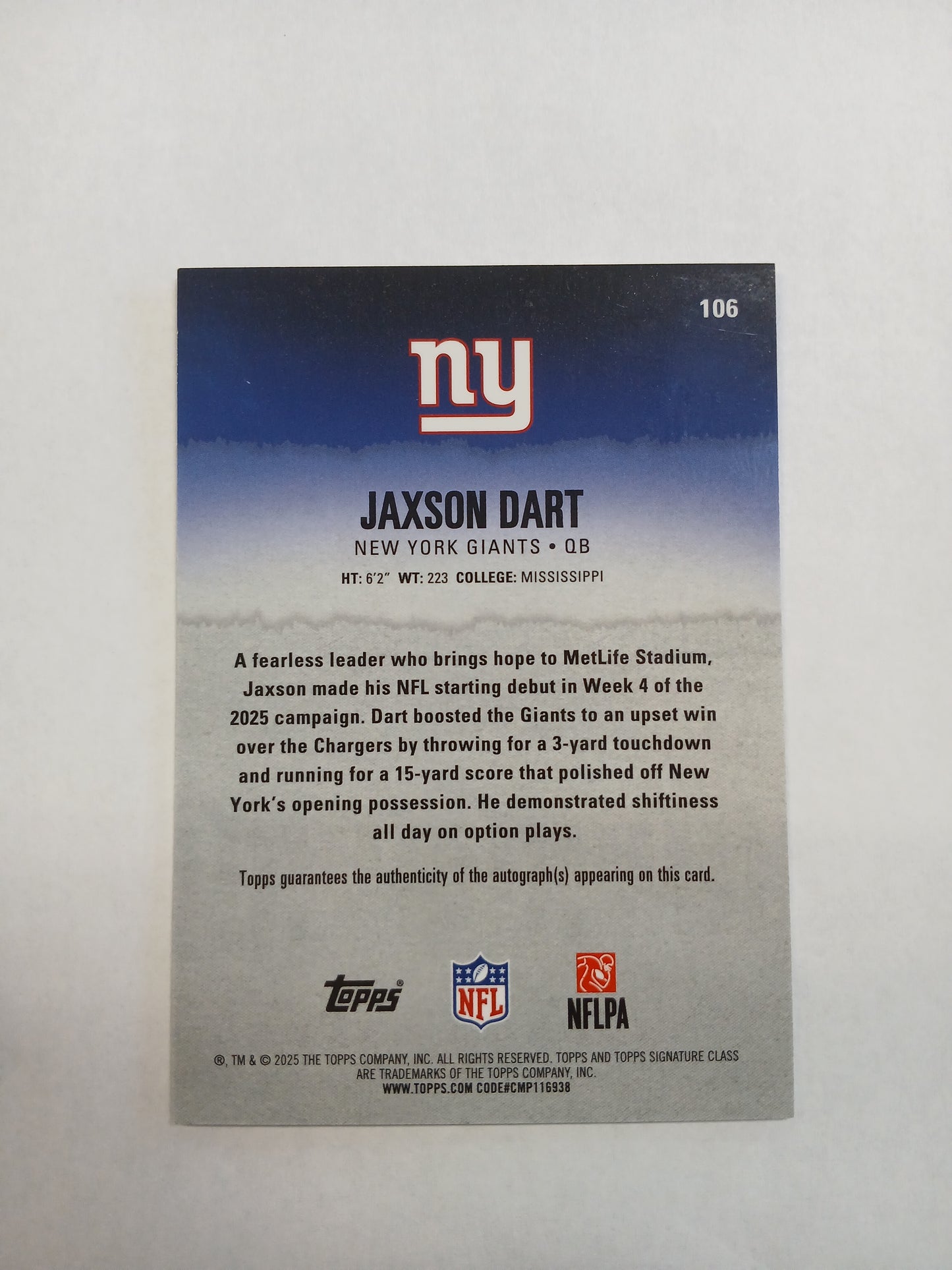 2025 Topps Signature Class Jaxson Dart Rookie On Card Auto Black Refractor First On the Print #1/10