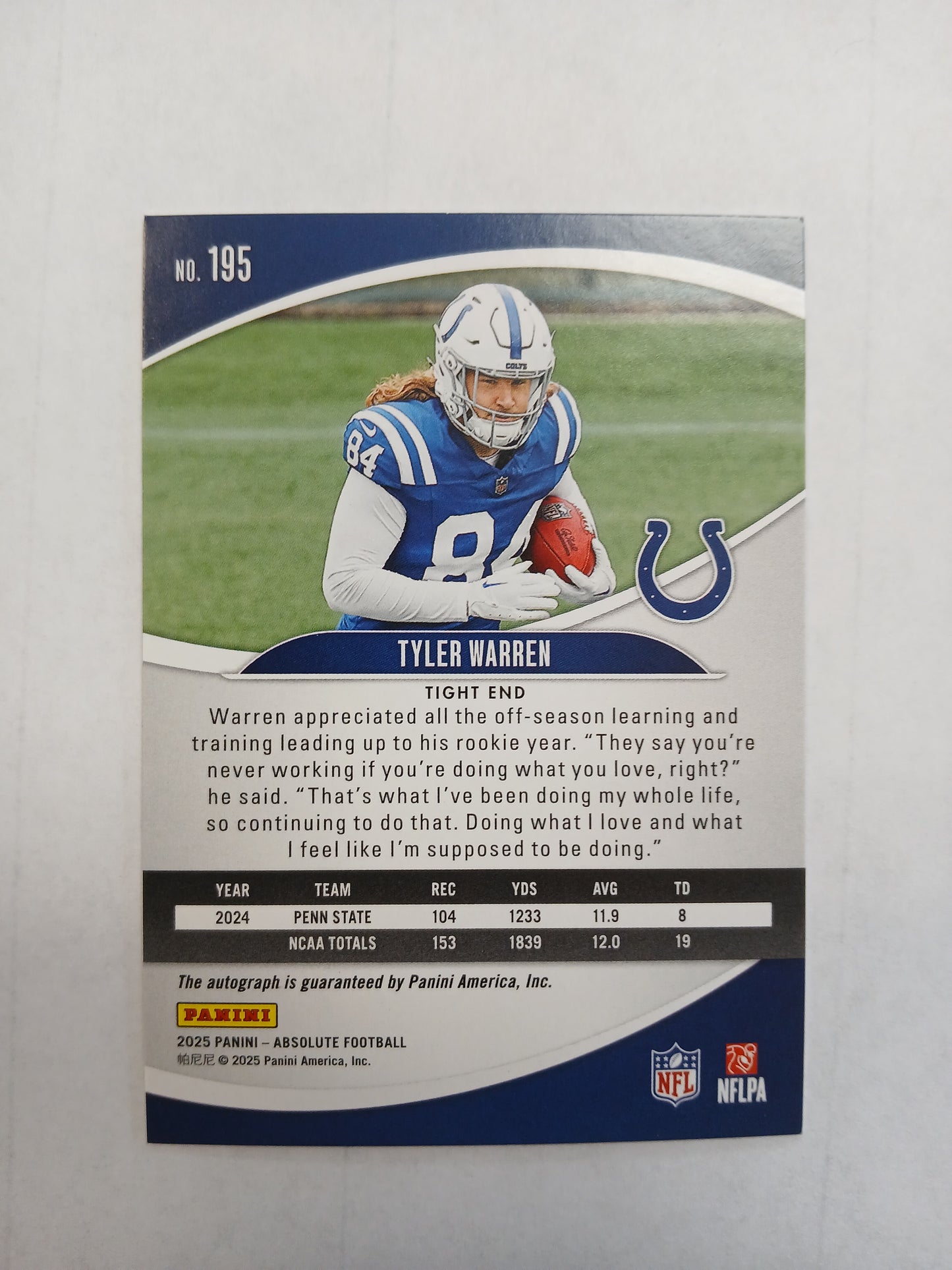 2025 Absolute Football Tyler Warren Rookie Auto