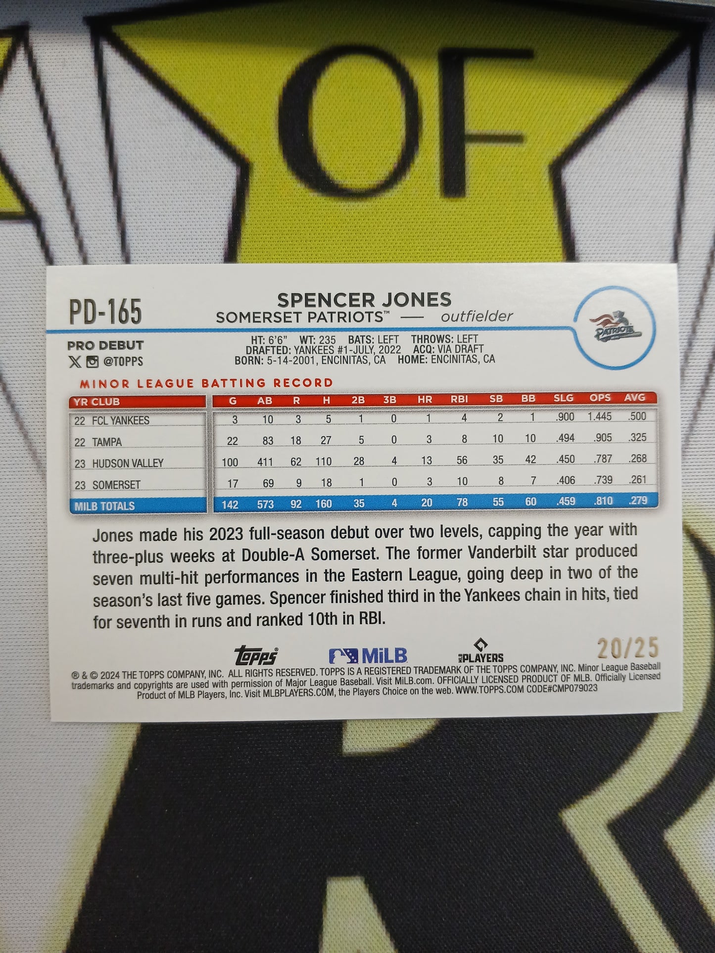 2024 Topps Pro Debut #PD-165 Spencer Jones / 25 Orange