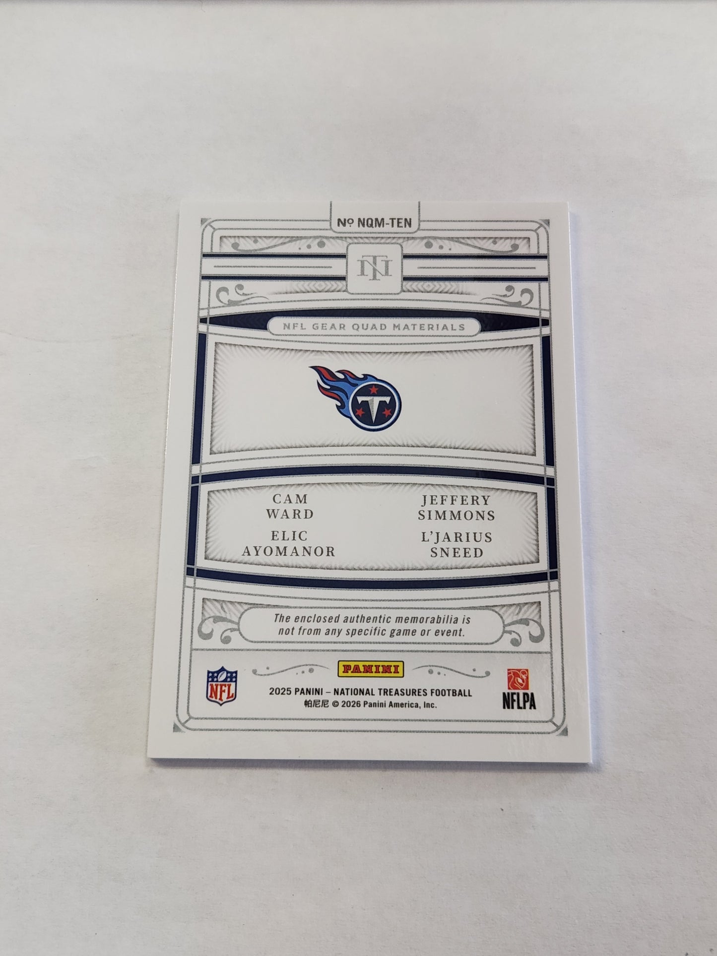 2025 National Treasures Cam Ward Elic Ayomanor Jeffery Simmons L'Jarius Sneed NFL Gear Quad Materials #/49