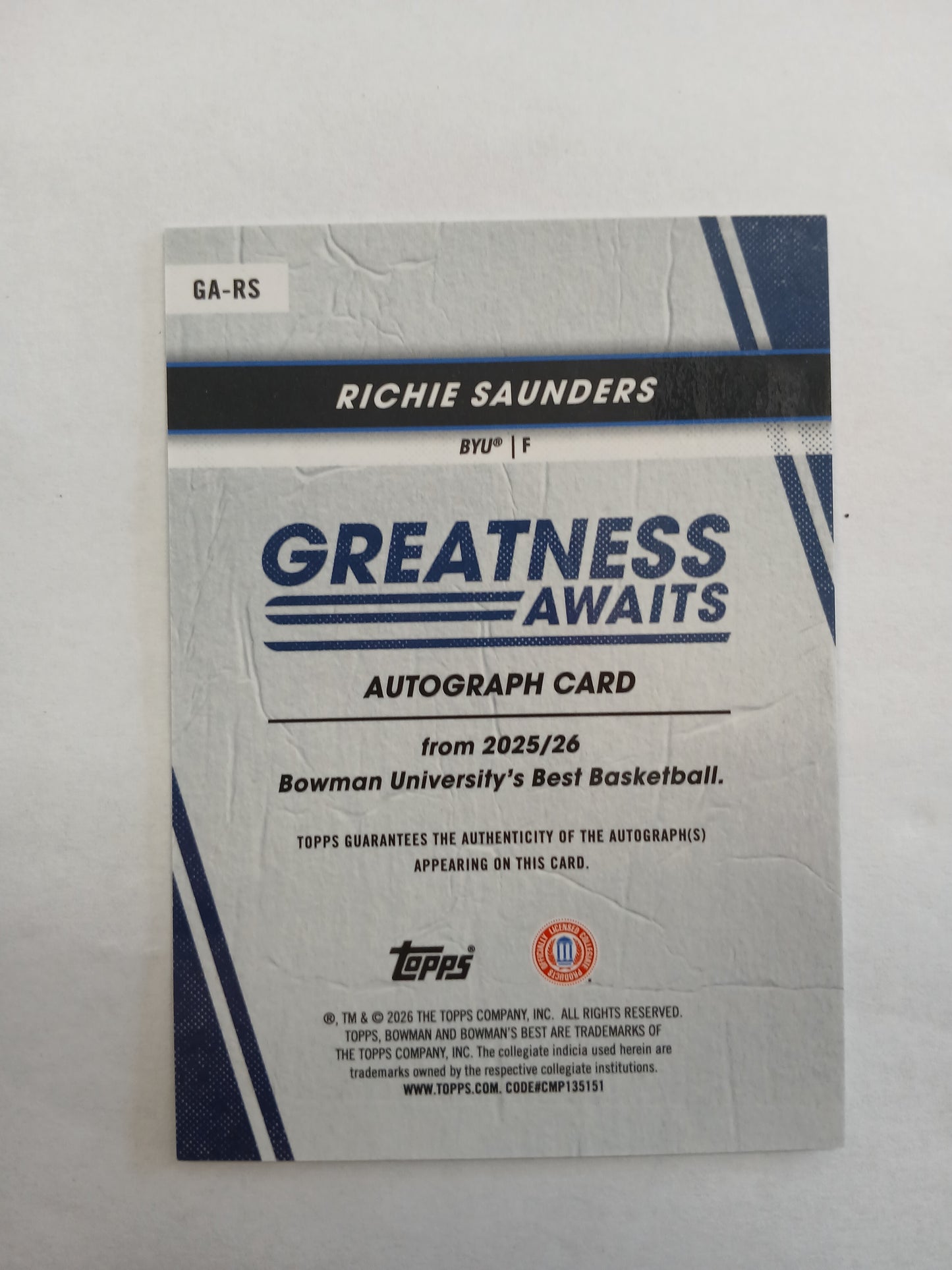 2026 Bowman Best U Richie Saunders Greatness Awaits Green Sparkle Auto #/99