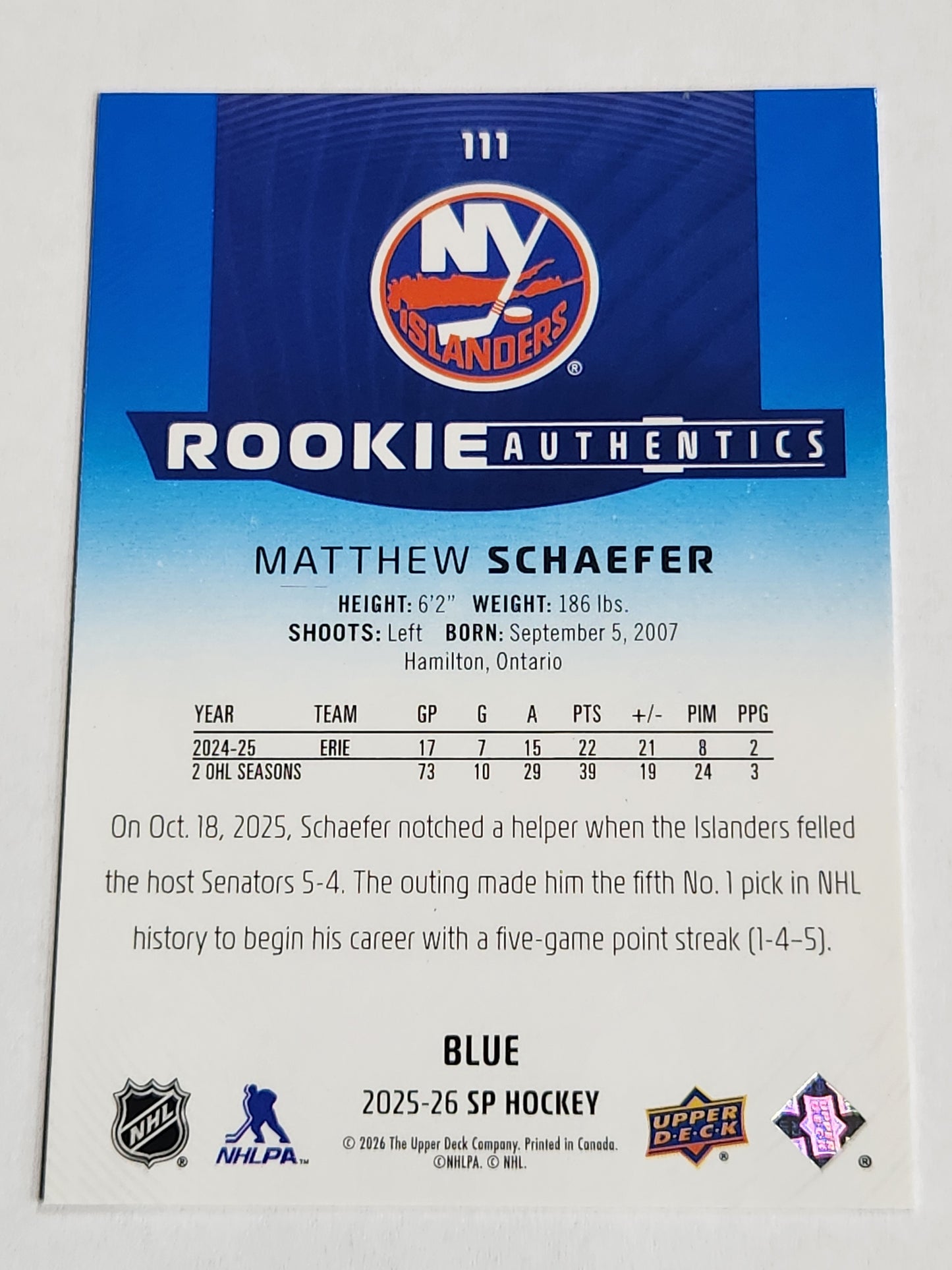2025-26 Series Two Matthew Schaefer SP Rookie Authentics Blue 111
