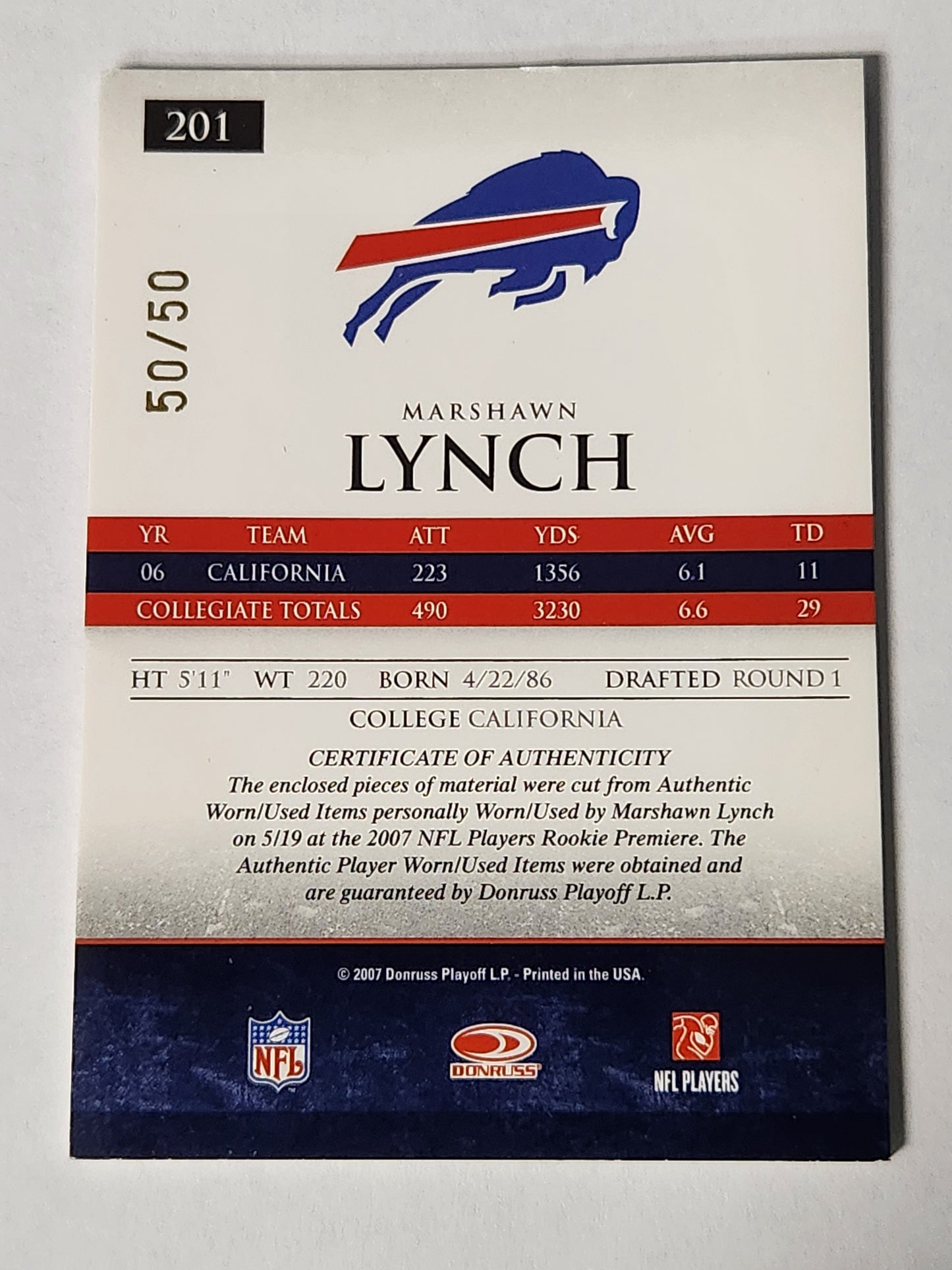 2007 Donruss Gridiron Gear Marshawn Lynch Rookie Gridiron Gems Event Worn Jersey # /50