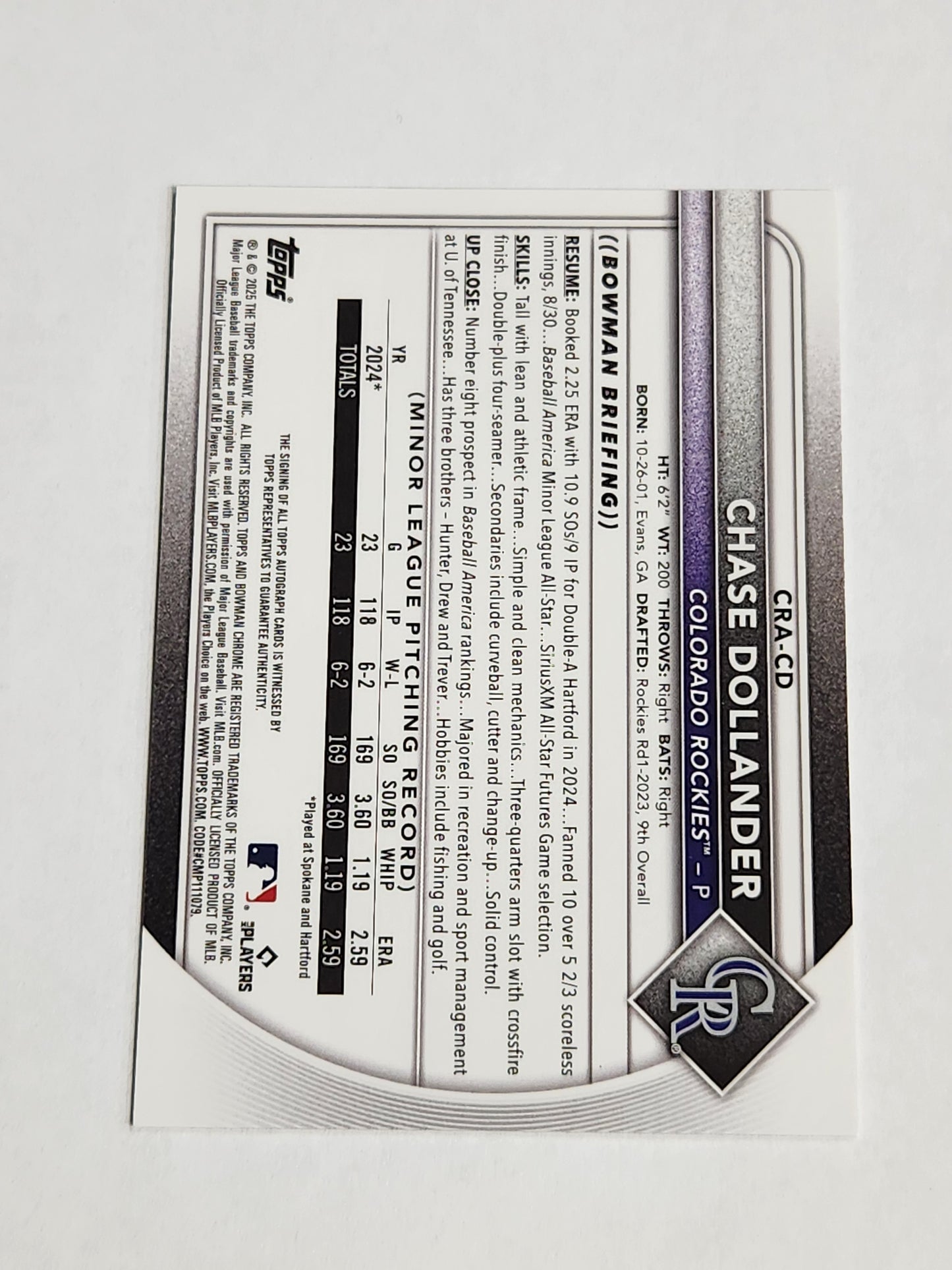 2025 Bowman Chrome Chase Dollander Rookie Auto Mojo Refractor #/150