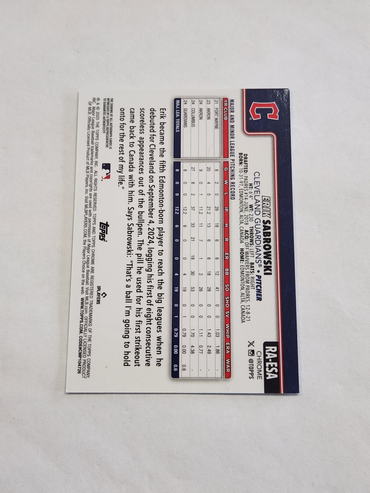 2025 Topps Chrome Erik Sabrowski Green Refractor On Card Rookie Auto #/99