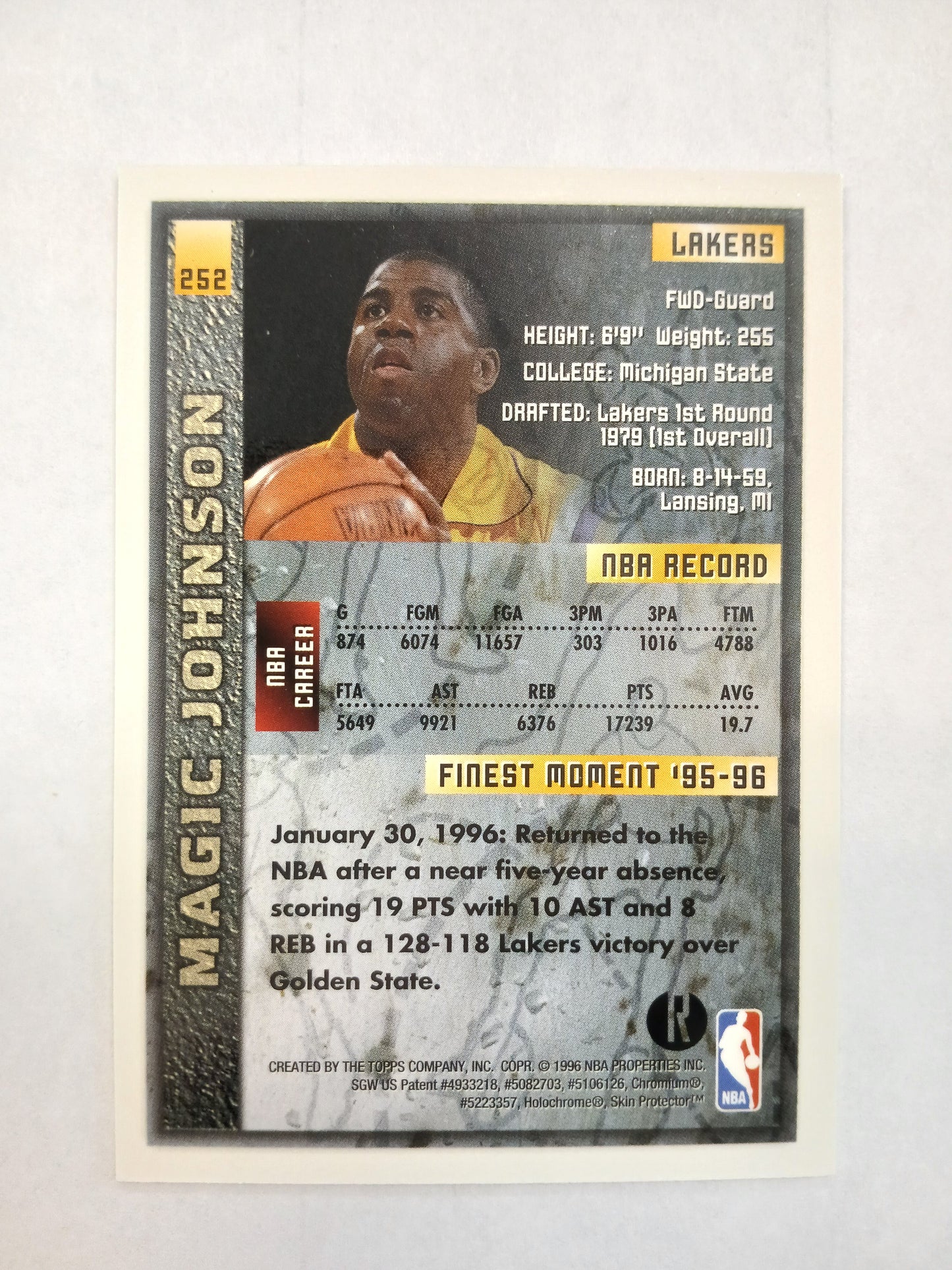 1996 Topps Finest Magic Johnson Refractor With Coating