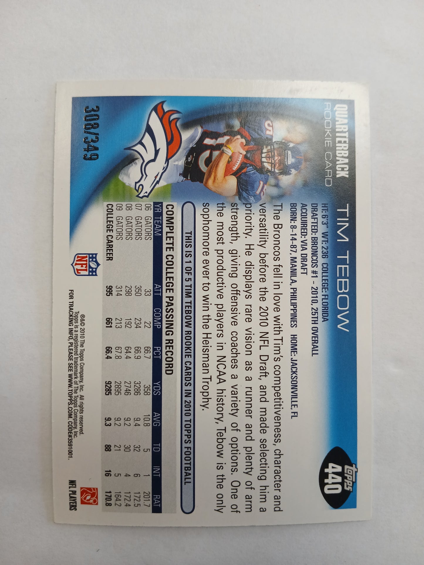 2010 Topps Tim Tebow Rookie Blue #/349 #440