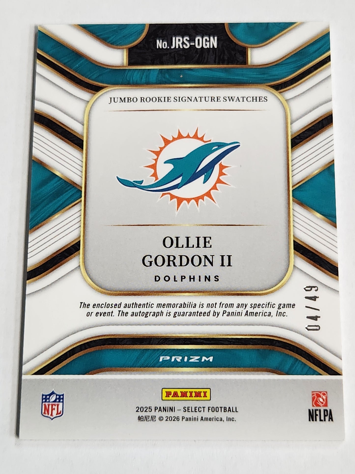 2025 Select Ollie Gordon II Rookie Triple Color Patch Auto Copper #/49