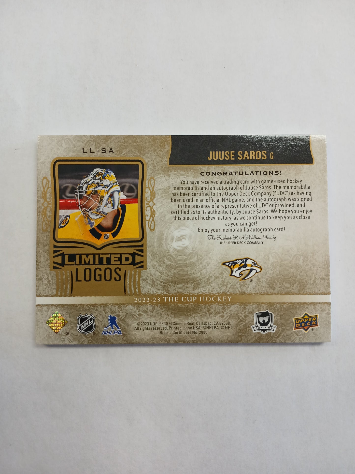 2022 Upper Deck The Cup Juuse Saros Limited Logos On Card Auto Logo Patch Gold #/50