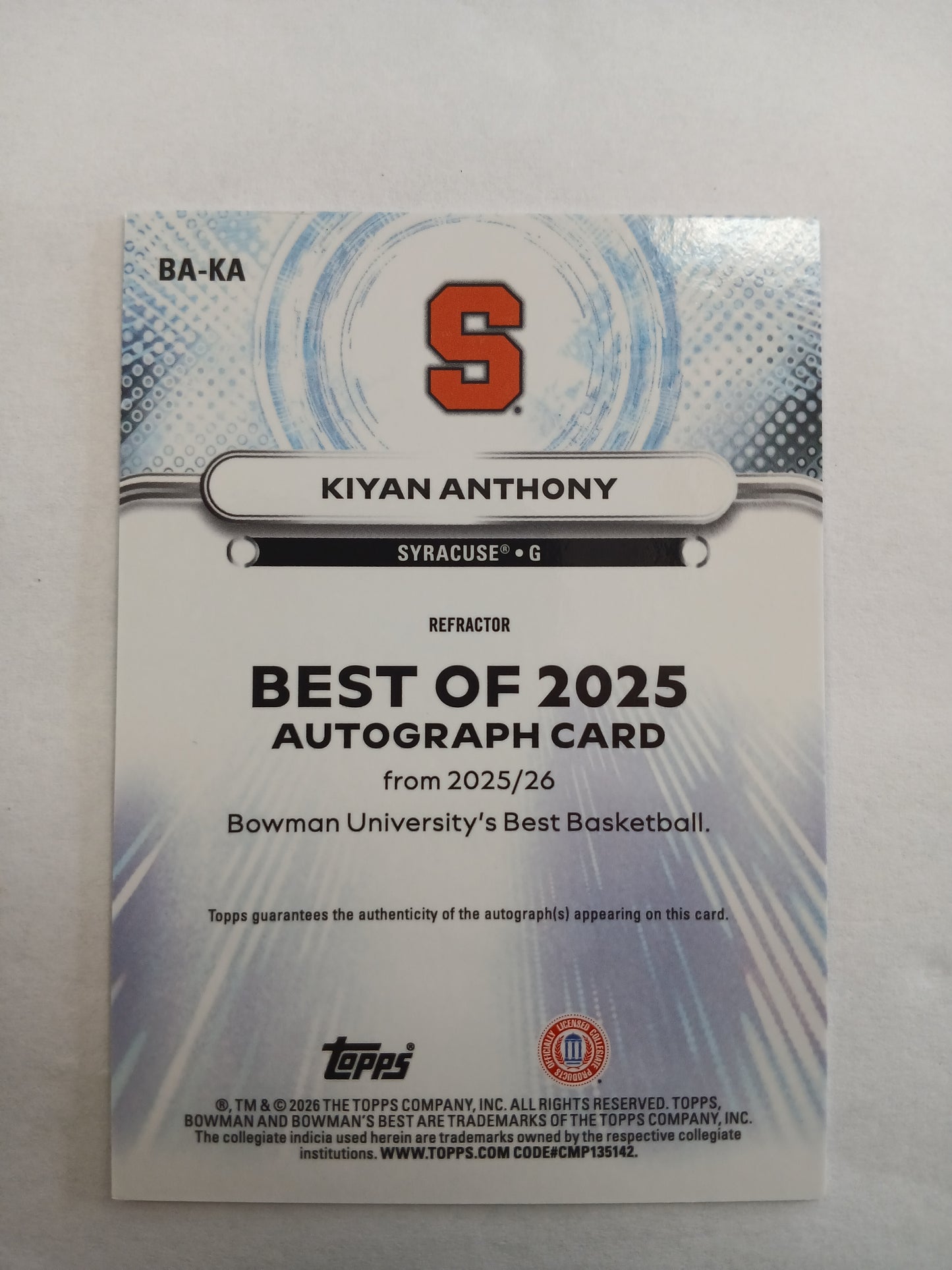 2026 Bowman Best U Kiyan Anthony The Best of 2025 Autographs On Card Auto Refractor
