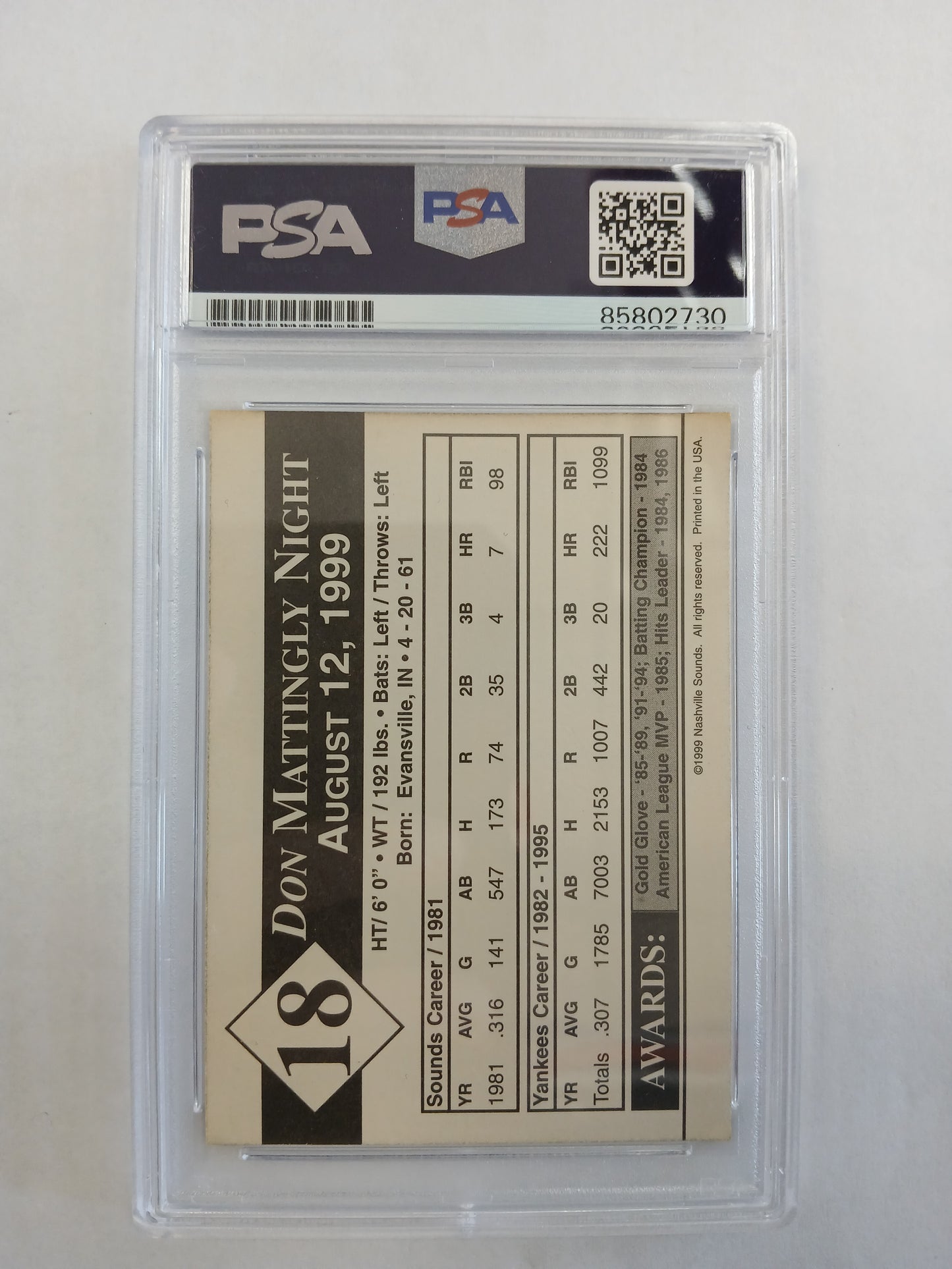 1999 Nashville Sounds Don Mattingly Jersey Retirement Exclusive Card PSA Authentic Auto