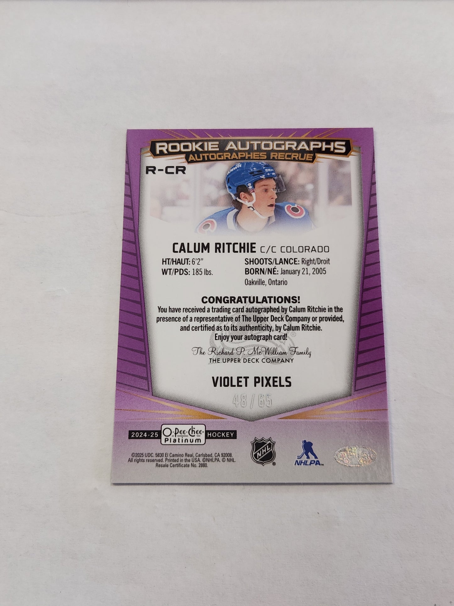 2024 Upper Deck O-Pee-Chee Platinum Calum Ritchie Violet Pixels On Card Rookie Auto #/65