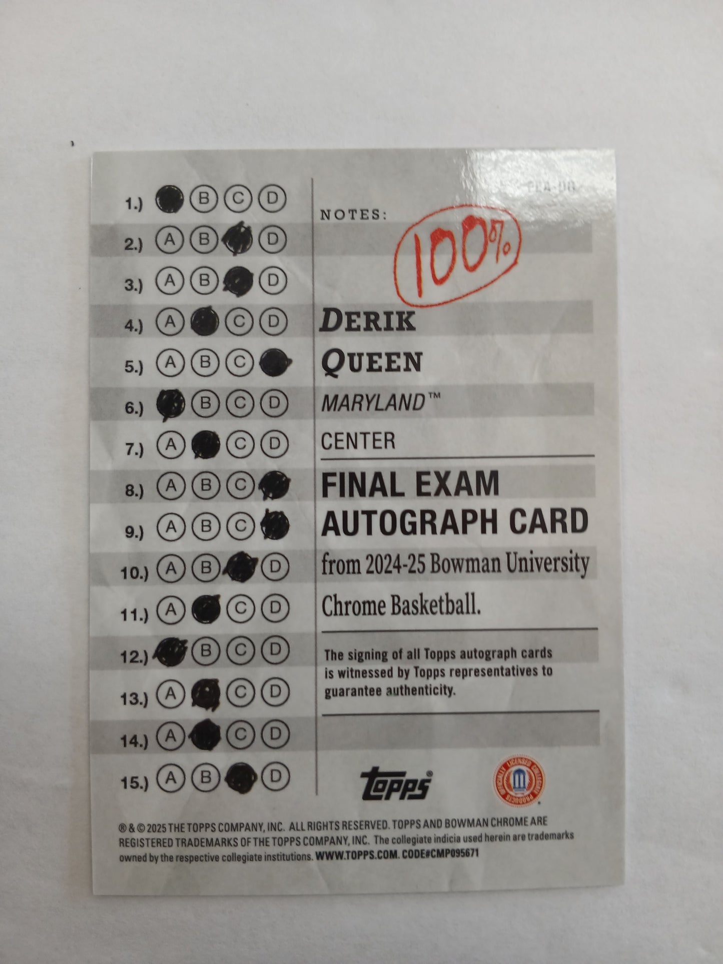2025 Bowman U Chrome Derik Queen Final Exam Tutor On Card Auto Refractor