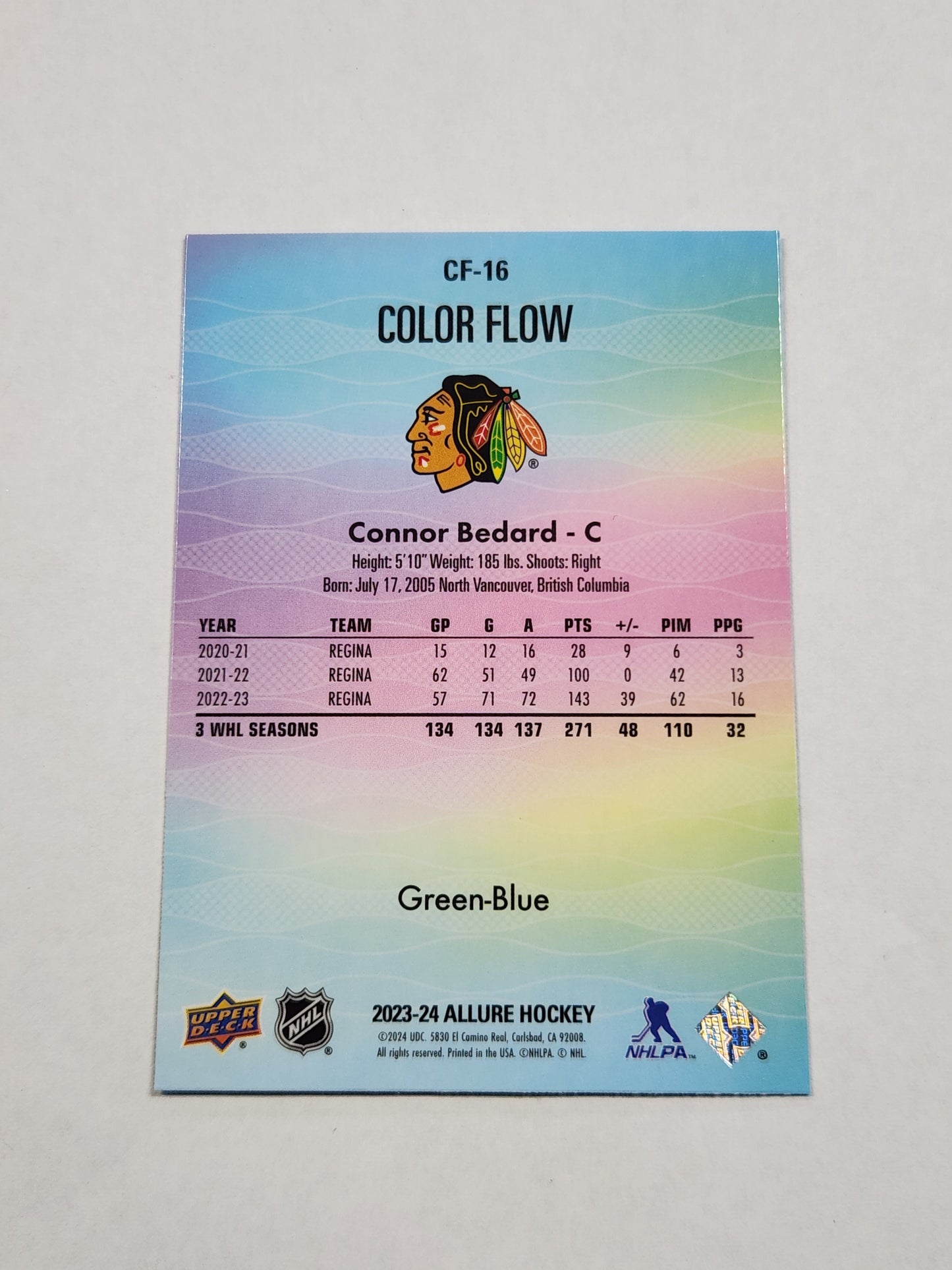 2023-24 Upper Deck Allure #CF-16 Connor Bedard Color Flow Green Blue Blackhawks