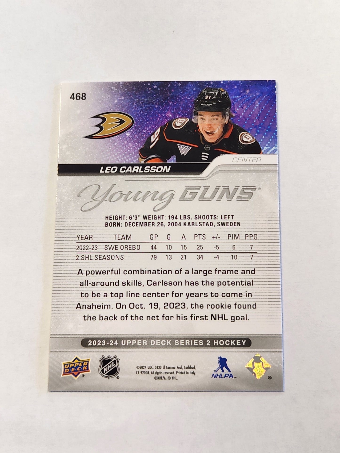 2023-24 Upper Deck Series 2 Leo Carlsson Young Guns #468 Anaheim