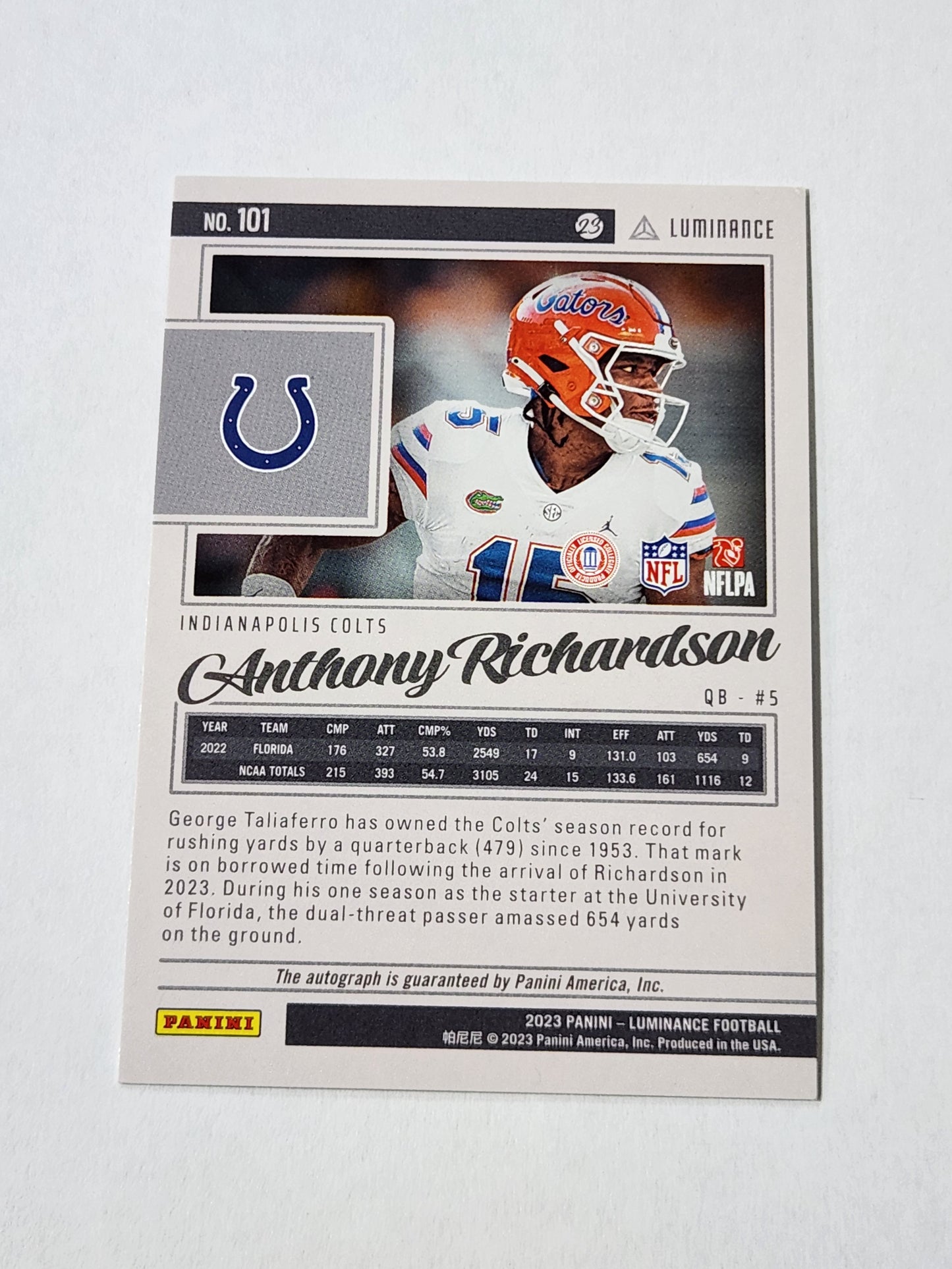 2023 Luminance Anthony Richardson auto 15/25 Jersey # NO. 101