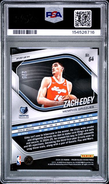 2024 Prizm Black Zach Edey Black Gold Prizm Rookie #2/5 PSA 10