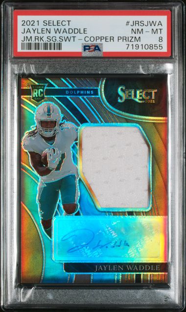 2021 Select Jaylen Waddle Rookie Jumbo Patch Auto Copper Prizm #/49 PSA 8