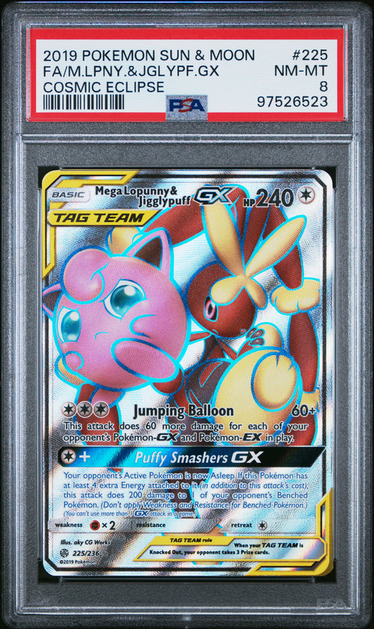 2019 Pokemon Sun & Moon #225/236 Fa Mega Lopunny & Jigglypuff Gx Cosmic Eclipse PSA 8