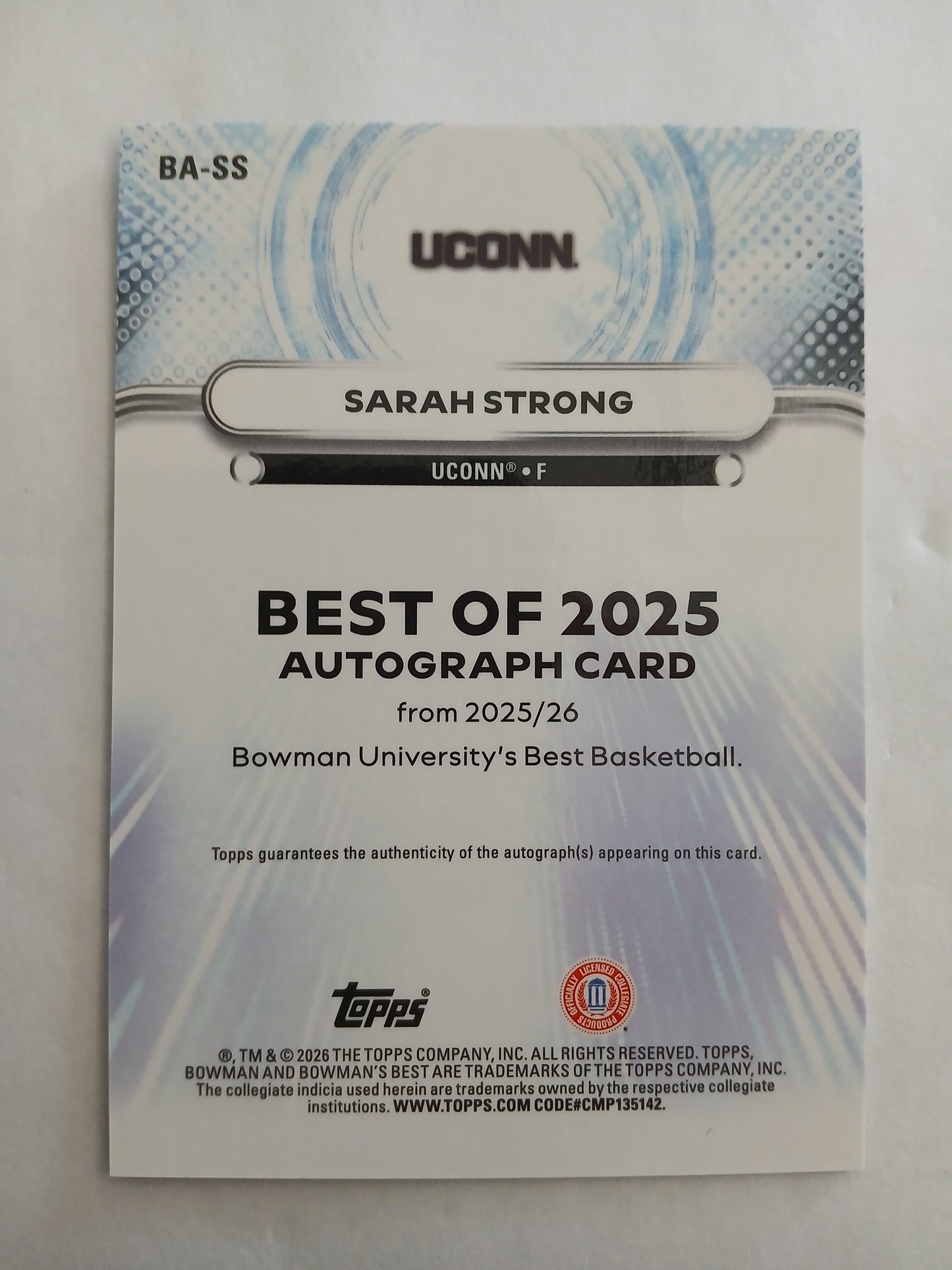 2026 Bowman Best U Sarah Strong The Best of 2025 On Card Auto Yellow Lazer Refractor #/75