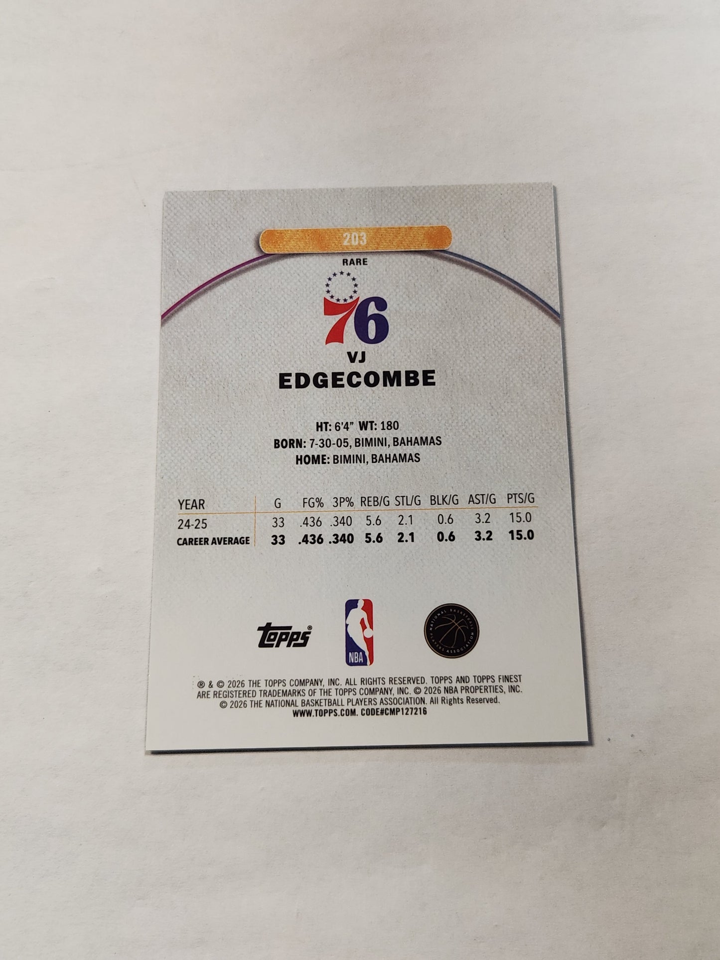 2026 Topps Finest VJ Edgecombe Rare Purple Geometric Refractor Rookie #/50