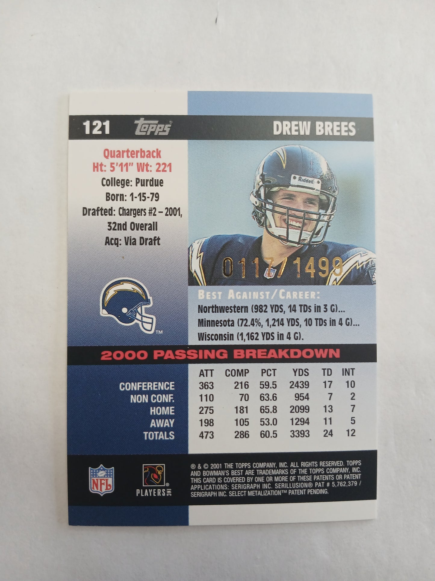 2001 Bowman's Best Drew Brees Rookie Card #/1499