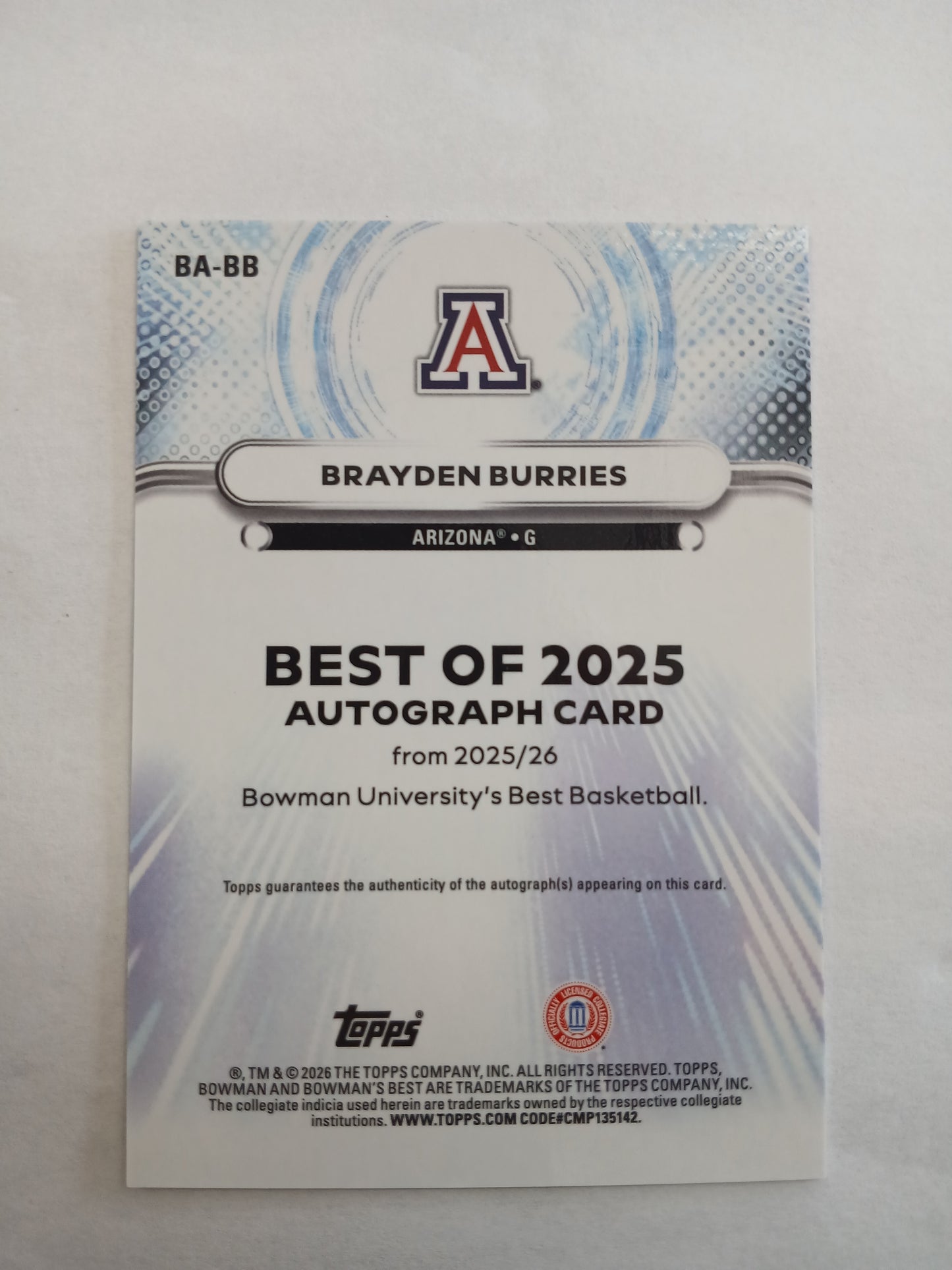 2026 Bowman Best U Brayden Burries The Best of 2025 Autographs On Card Auto