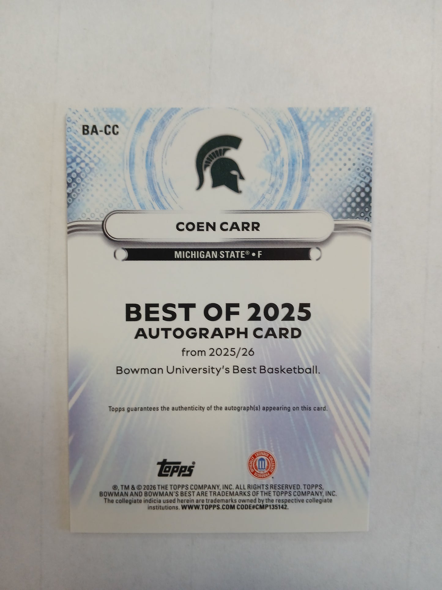 2026 Bowman Best U Coen Carr The Best of 2025 Auto Yellow Lazer Refractor #/75