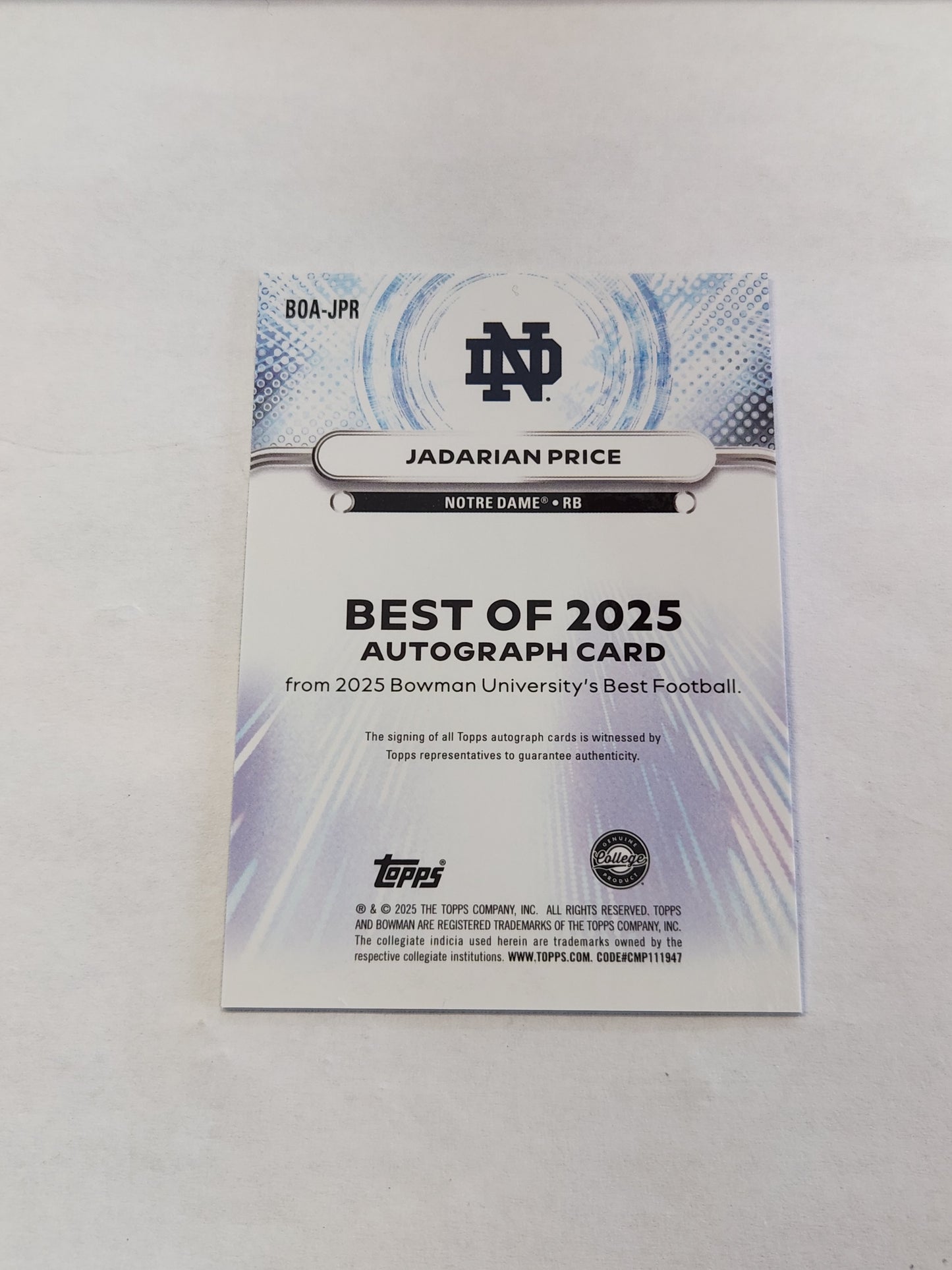 2025 Bowman Best U Jadarian Price The Best of 2025 Blue Refractor On Card Auto #/150