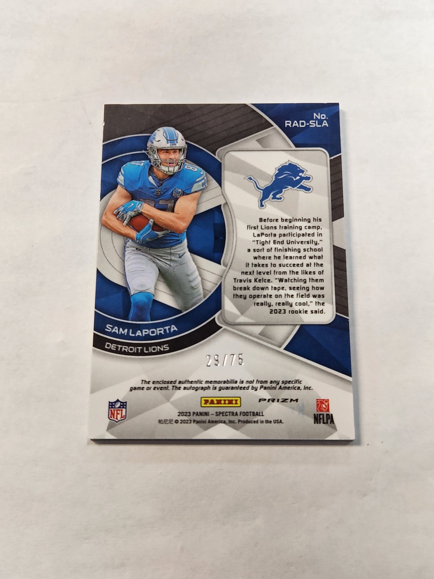 2023 Spectra Sam LaPorta Radiant Rookie Dual Color Patch Auto Celestial #/75