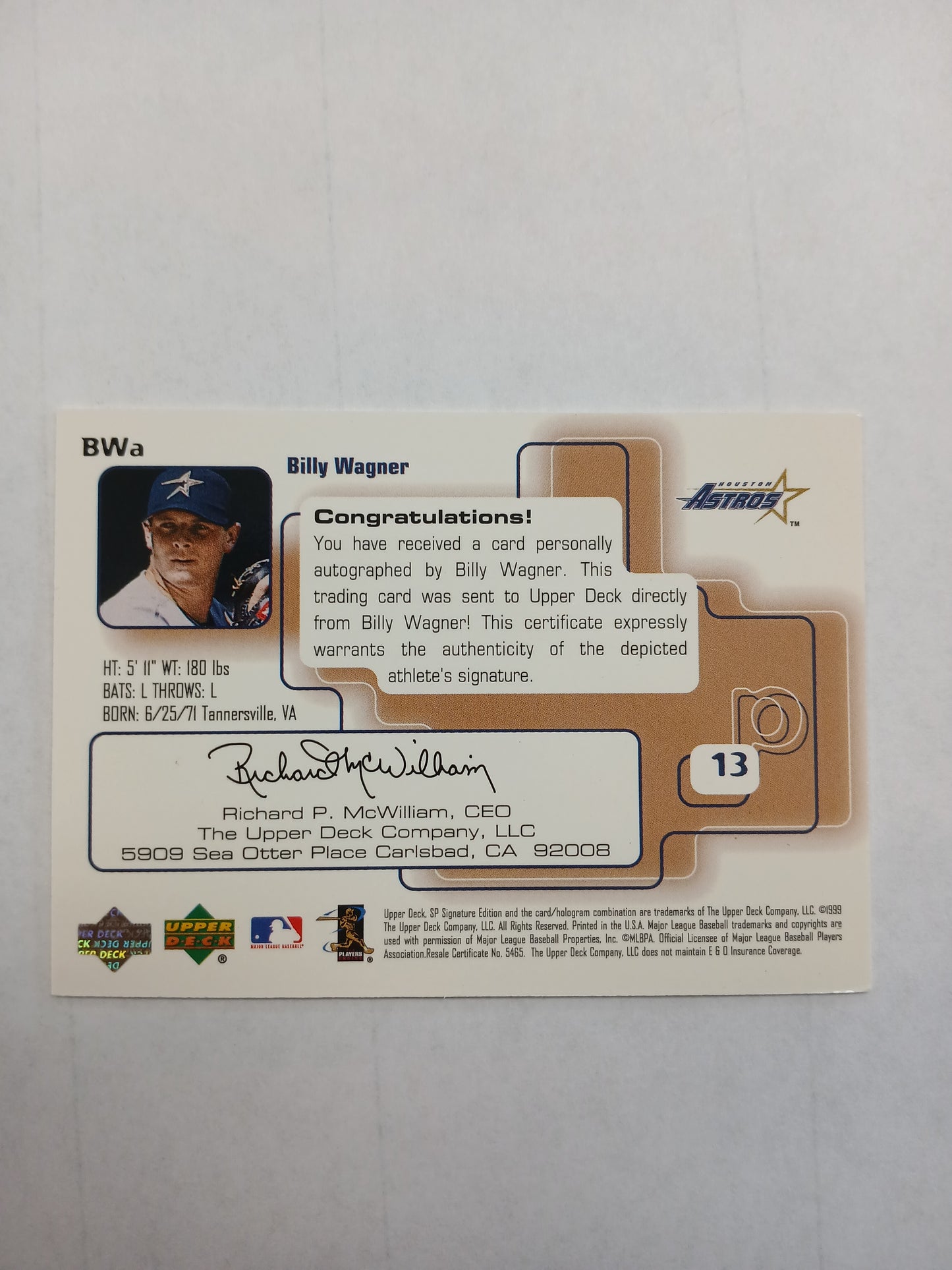1999 SP Signature Edition Billy Wagner On Card Auto