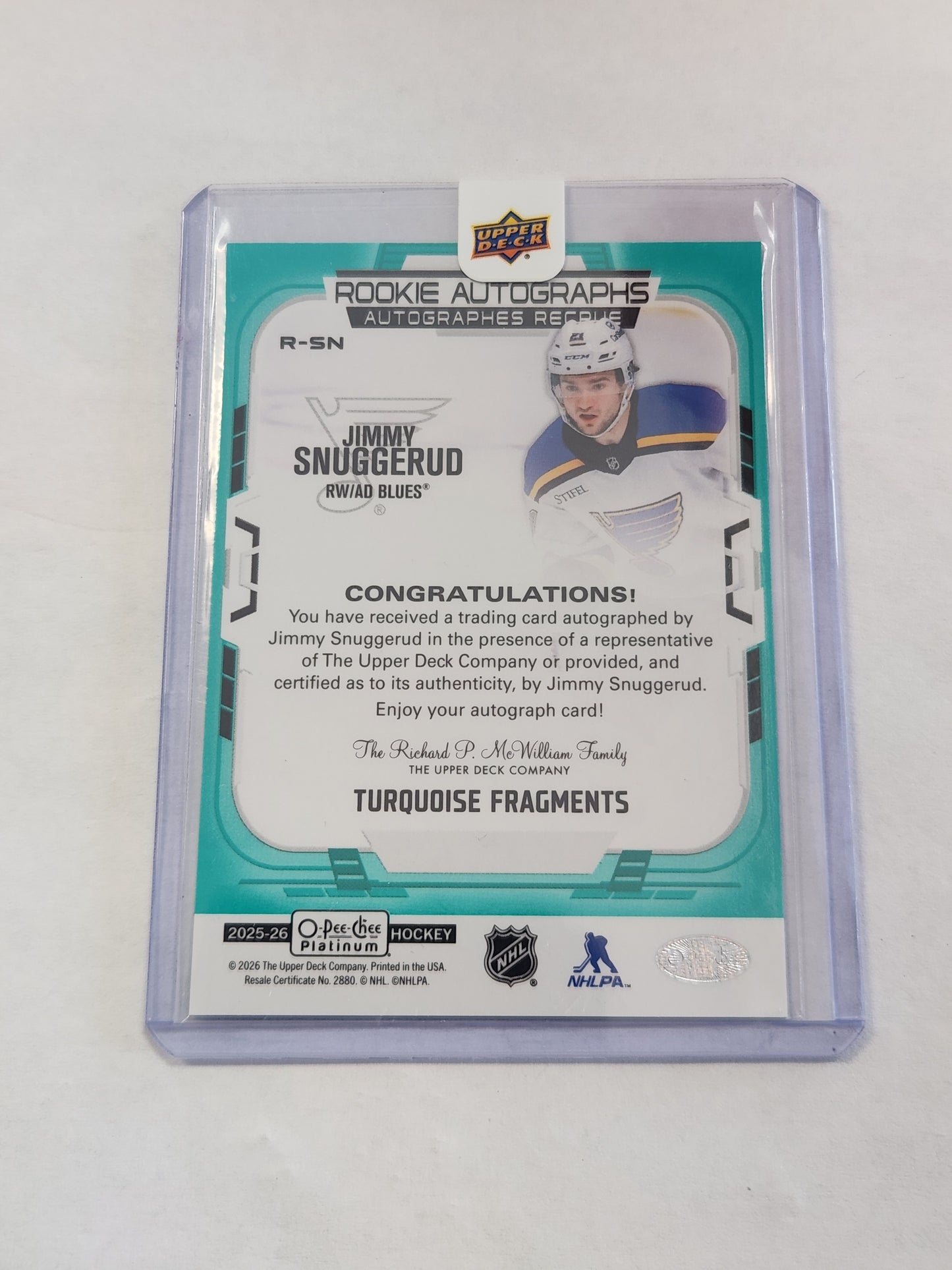 2025 Upper Deck O-Pee-Chee Platinum Jimmy Snuggerud Turqouise Fragments Rookie On Card Auto SP