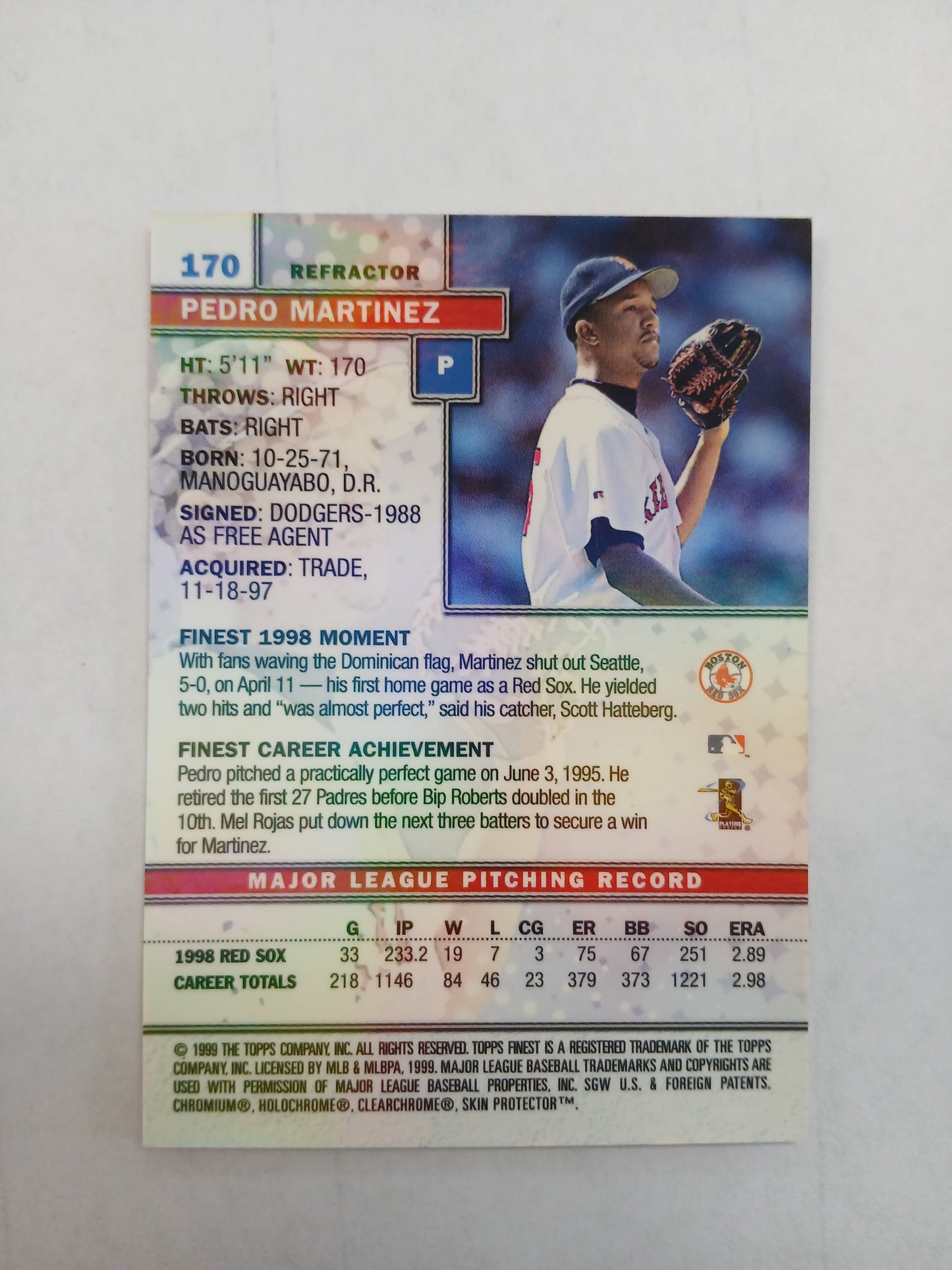 1999 Topps Finest Pedro Martinez Refractor With Coating