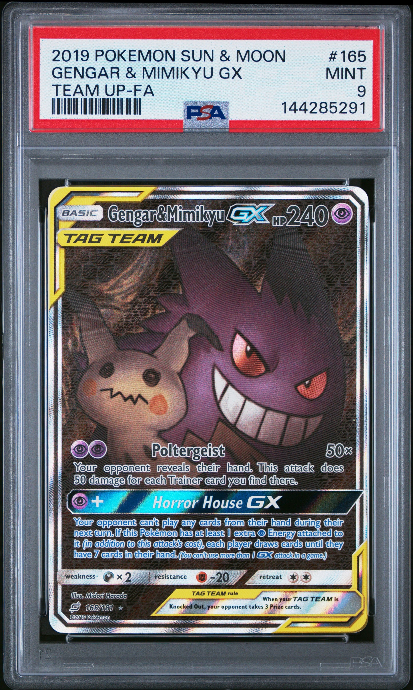 2019 POKEMON SUN & MOON TEAM UP #165 FULL ART/GENGAR & MIMIKYU GX PSA 9