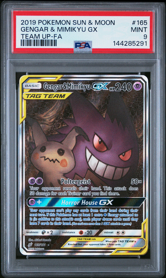 2019 POKEMON SUN & MOON TEAM UP #165 FULL ART/GENGAR & MIMIKYU GX PSA 9