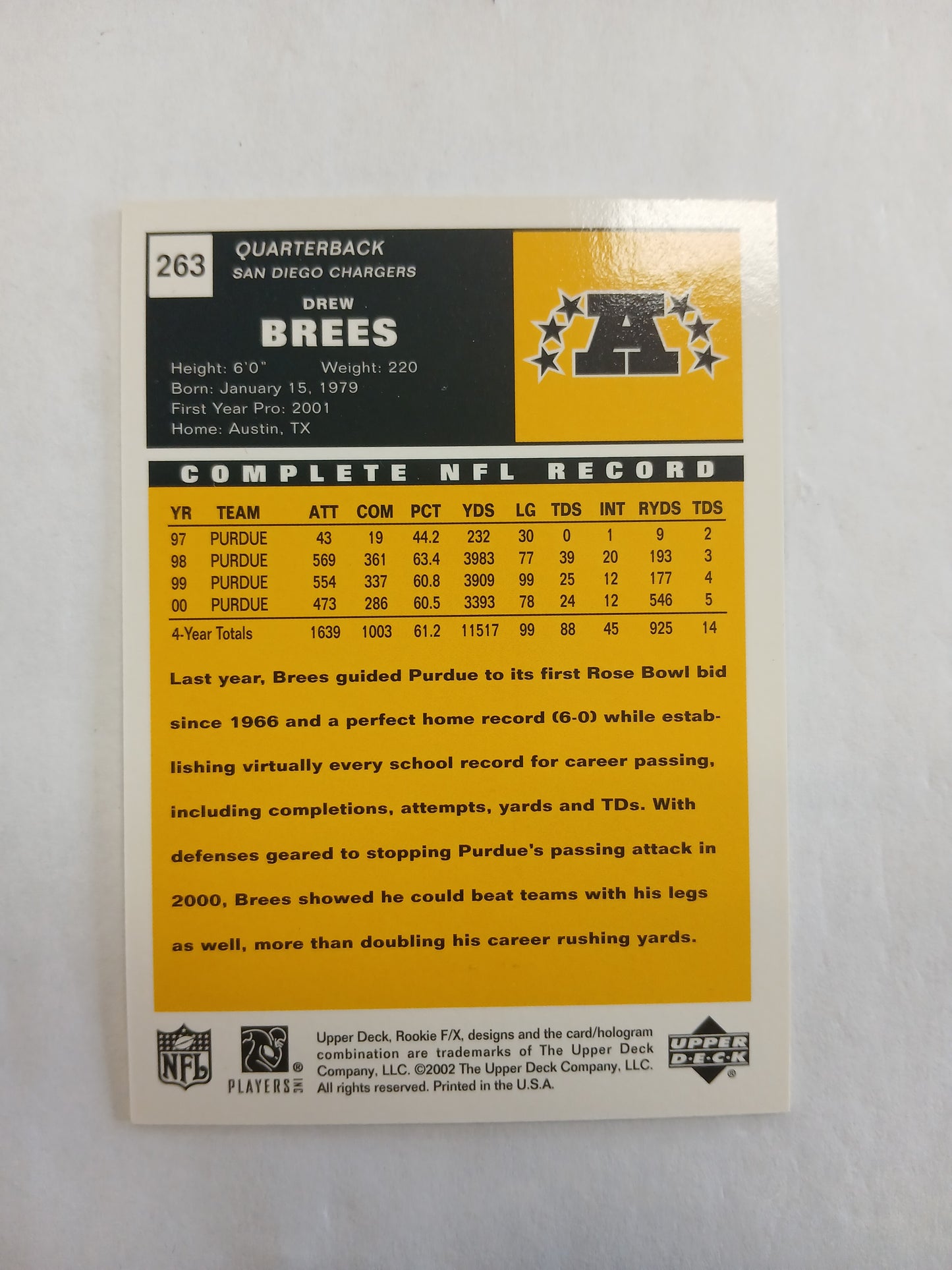 2001 Upper Deck Vintage Drew Brees Rookie Foil #/750