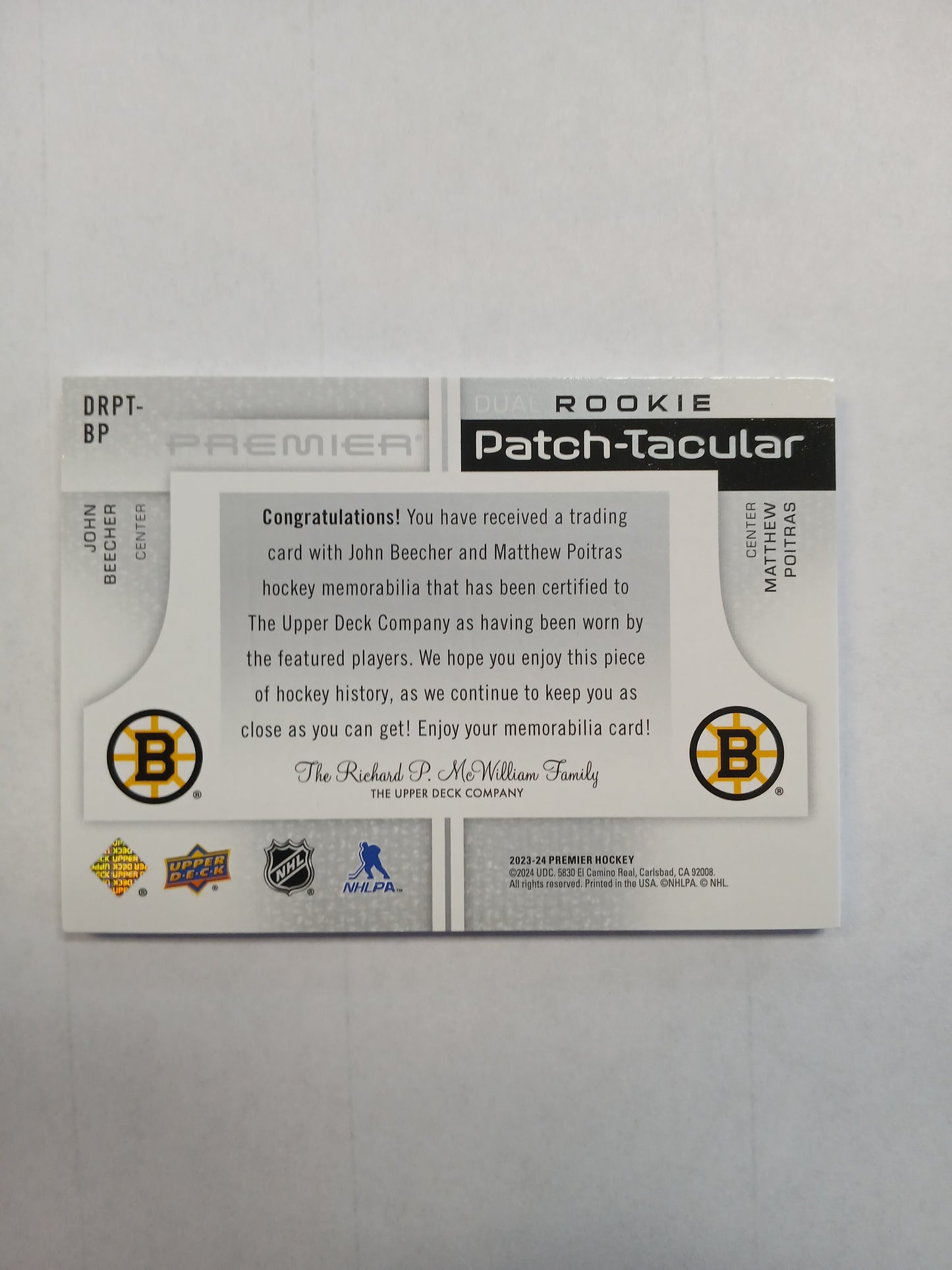 2023 Upper Deck Premier John Beecher Matthew Poitras Dual Rookie Patch-Tacular Logo Patch #/25