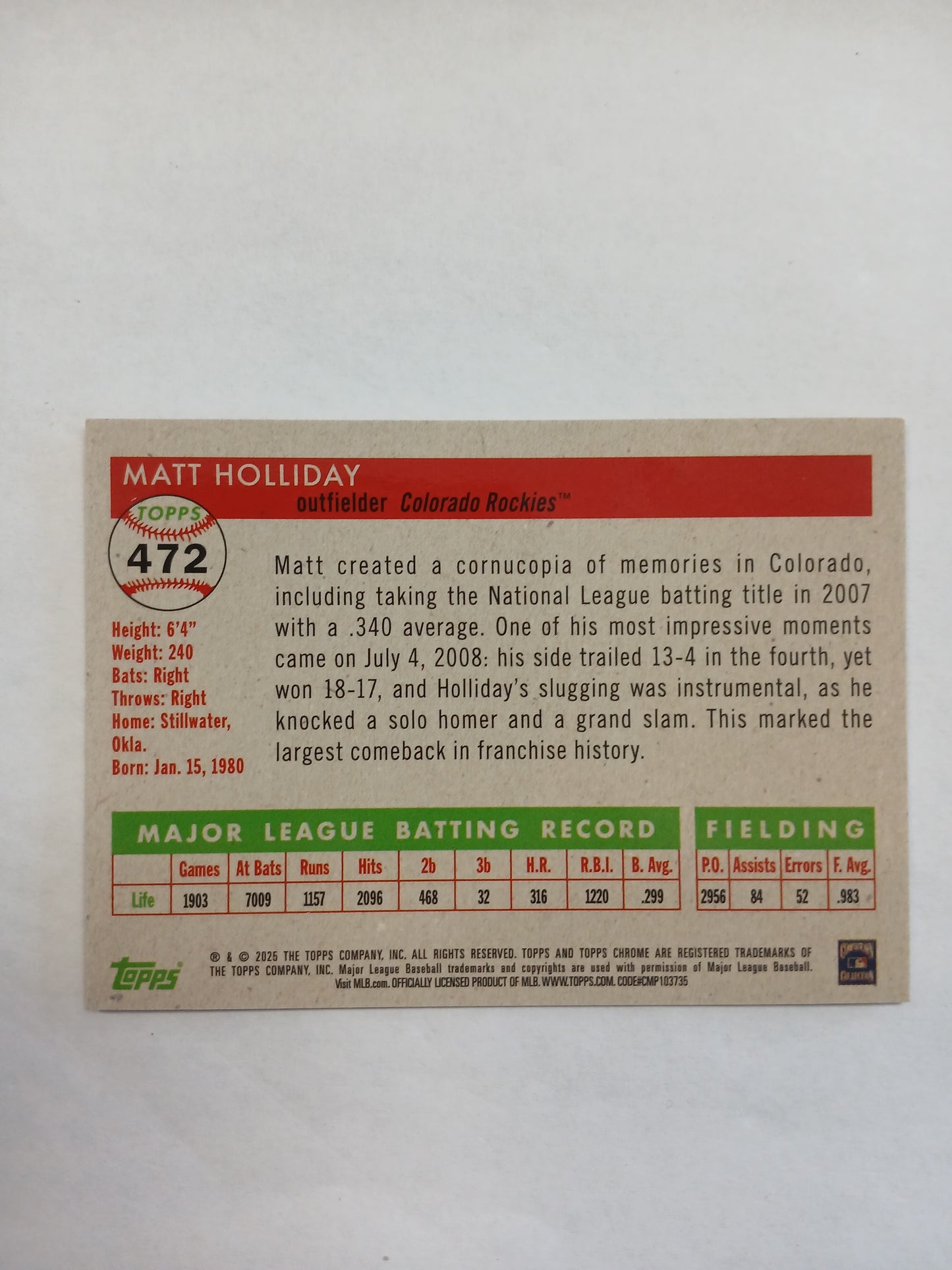 2025 Topps Chrome Platinum Anniversary Matt Holiday True Red Refractor #5/5