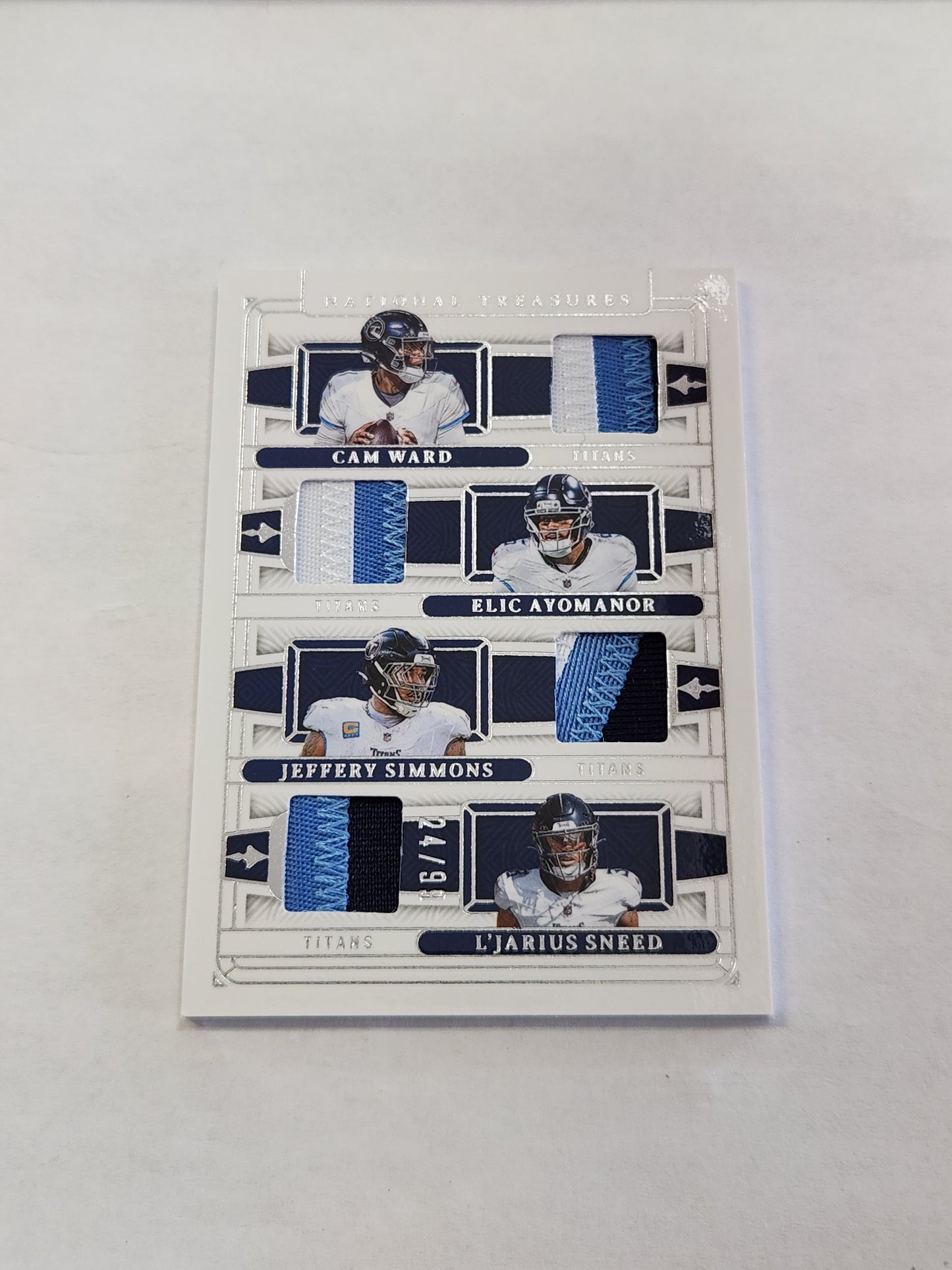 2025 National Treasures Cam Ward Elic Ayomanor Jeffery Simmons L'Jarius Sneed NFL Gear Quad Materials #/49