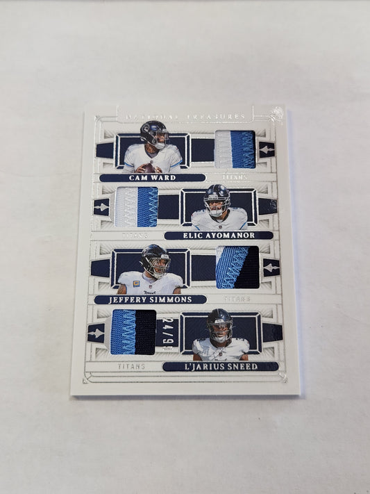 2025 National Treasures Cam Ward Elic Ayomanor Jeffery Simmons L'Jarius Sneed NFL Gear Quad Materials #/49