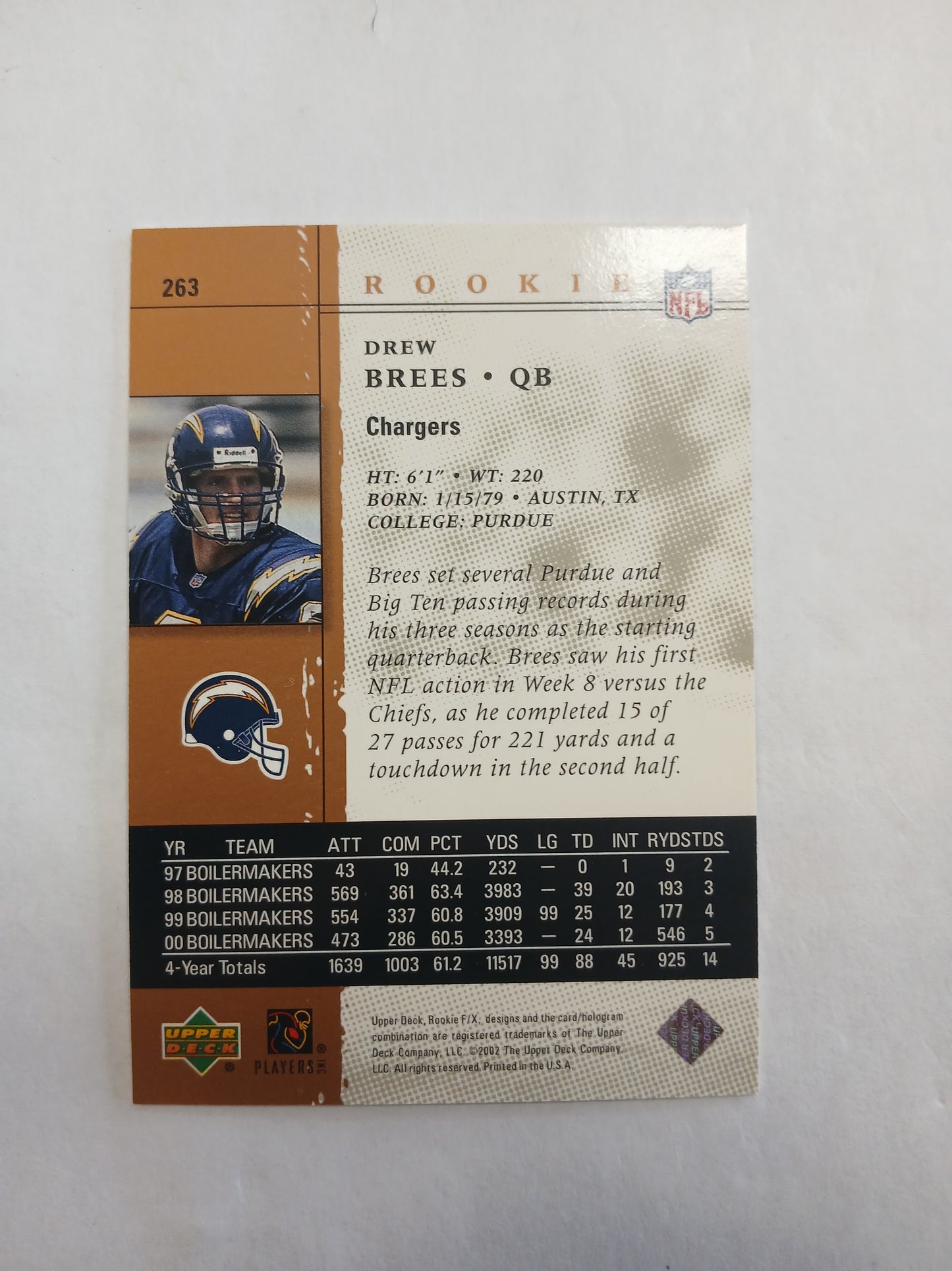 2001 Upper Deck Drew Brees Rookie F/X Foil #/750