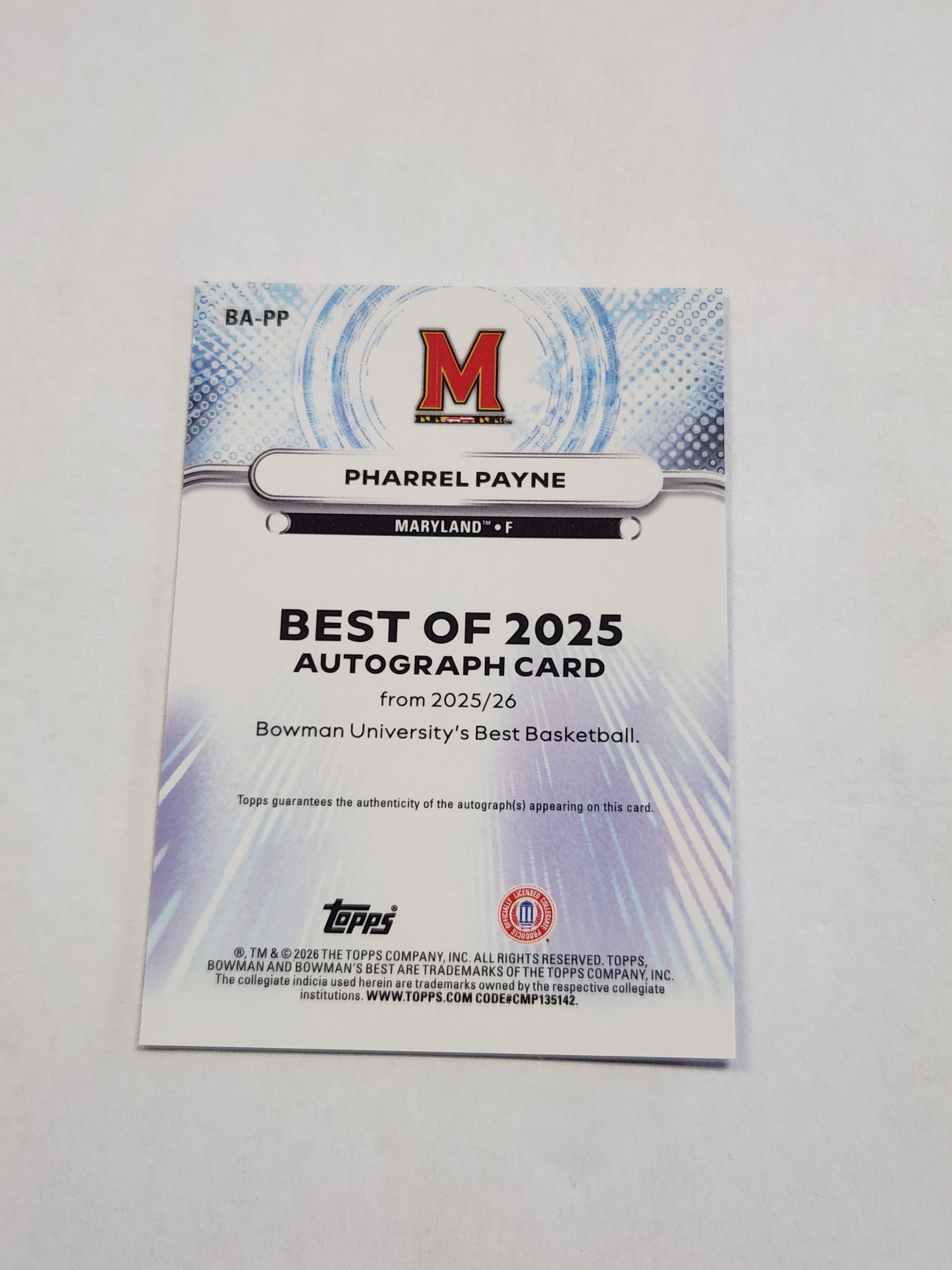 2026 Bowman Best U Pharrel Payne The Best of 2025 Color Match Red Refractor Auto #1/5