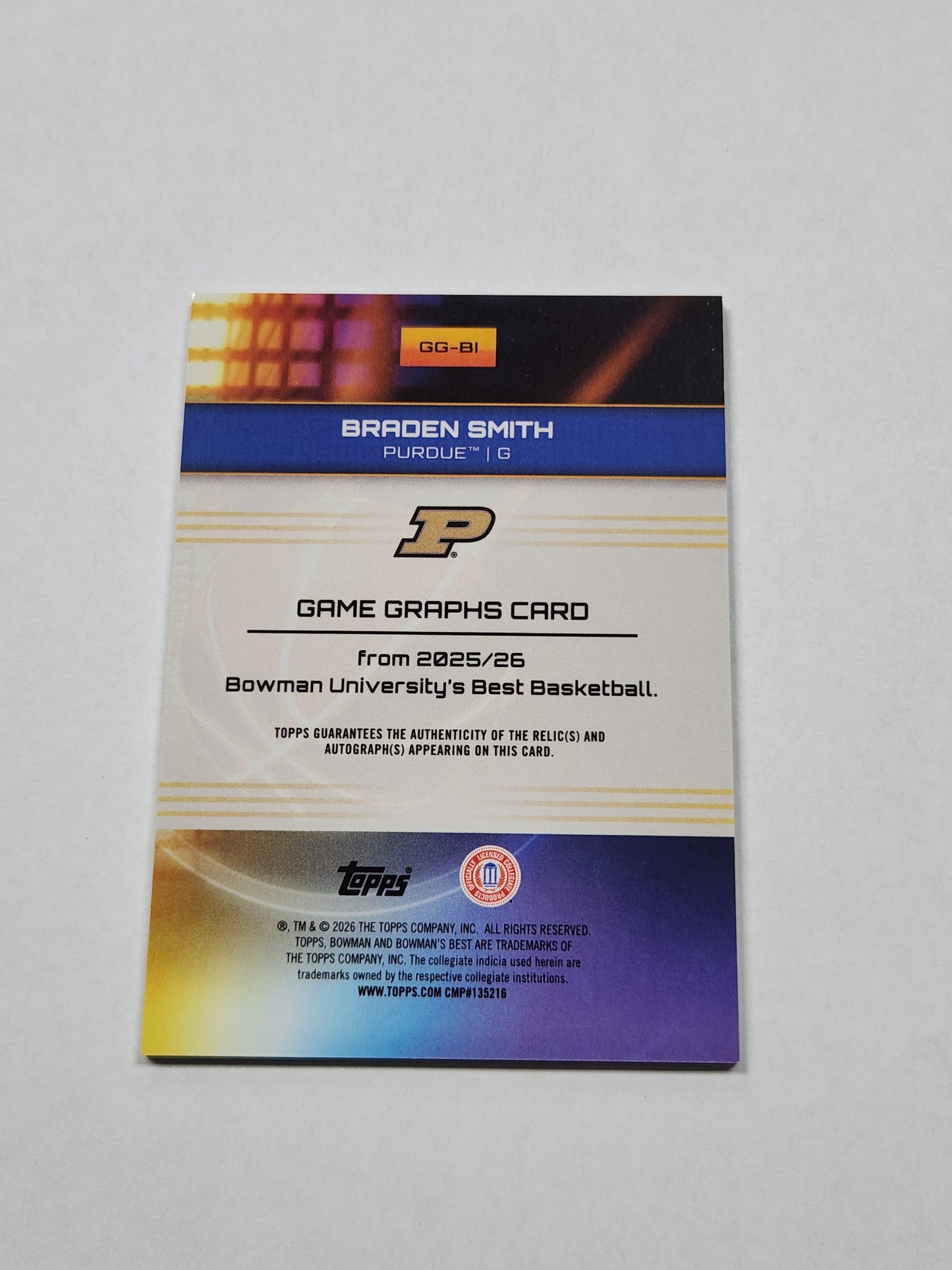 2026 Bowman Best U Braden Smith Game Graphs Patch Auto Yellow Lazer #/75