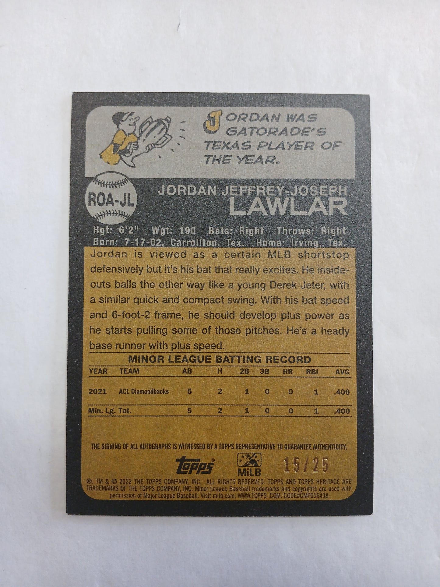 2022 Topps Heritage Jordan Lawlar On Card Auto Bronze #/25
