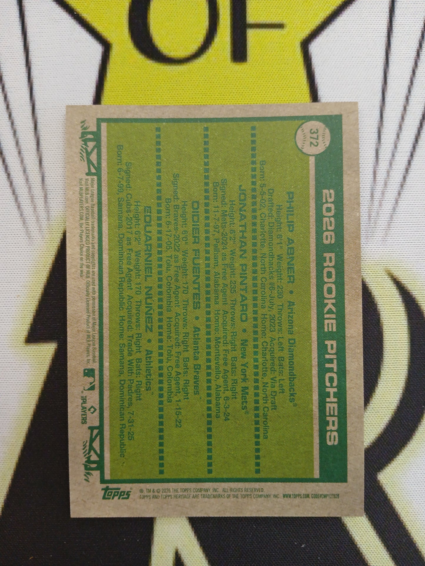 2026 Topps Heritage Rookies Pitchers Philip Abner Jonathan Pinatro Didier Fuentes Eduarniel Nunez Gold #/50 #372