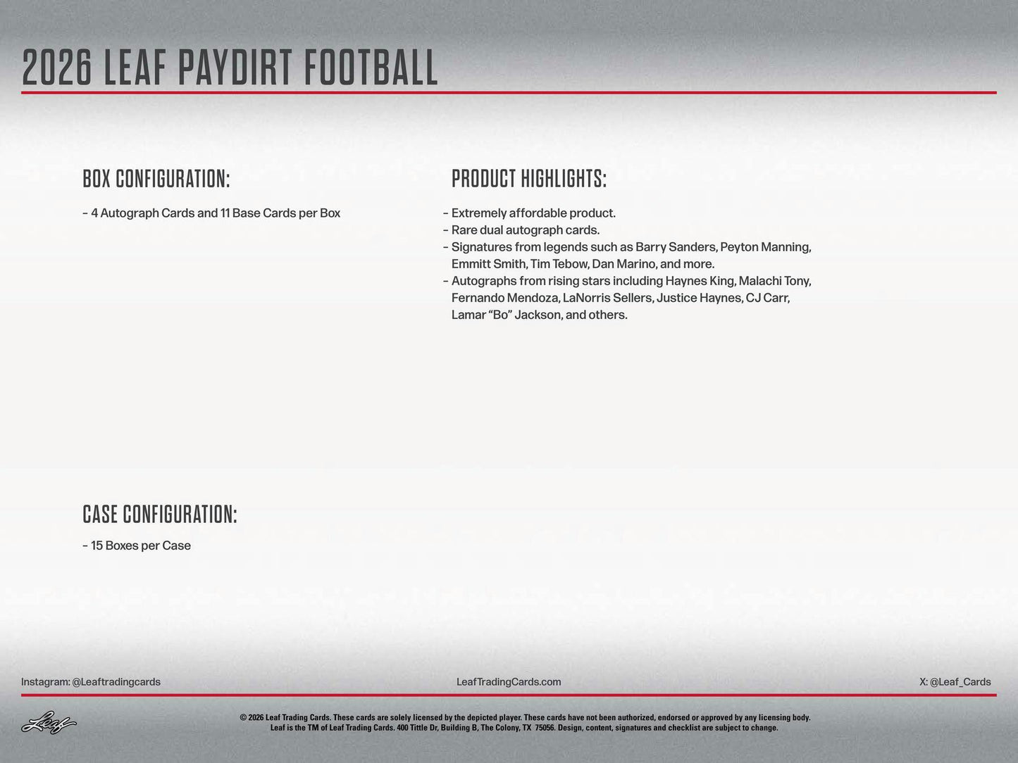 2026 Leaf Paydirt Football (1) Hobby Box