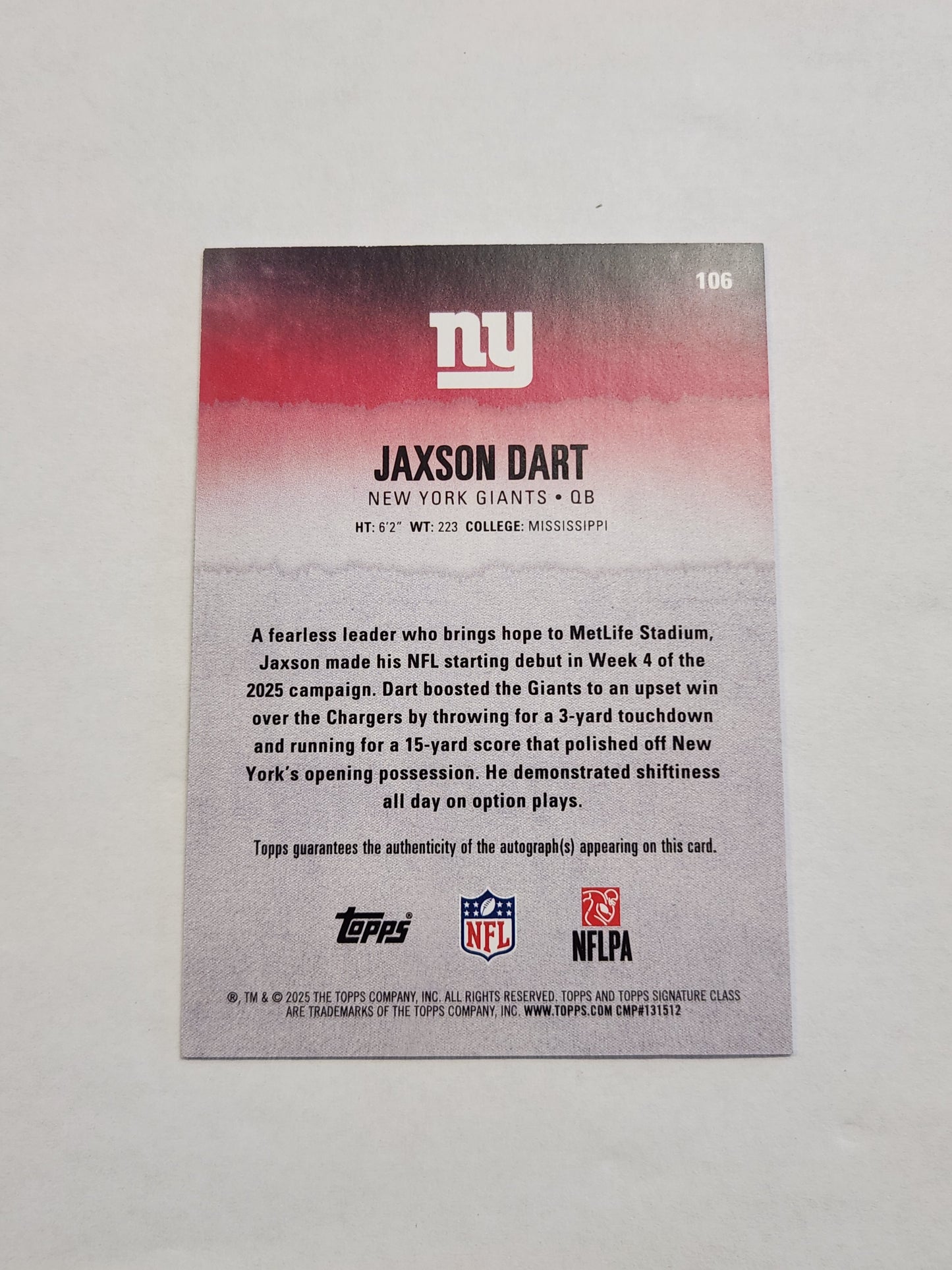 2025 Topps Signature Class Jaxson Dart Rookie Auto No. 106