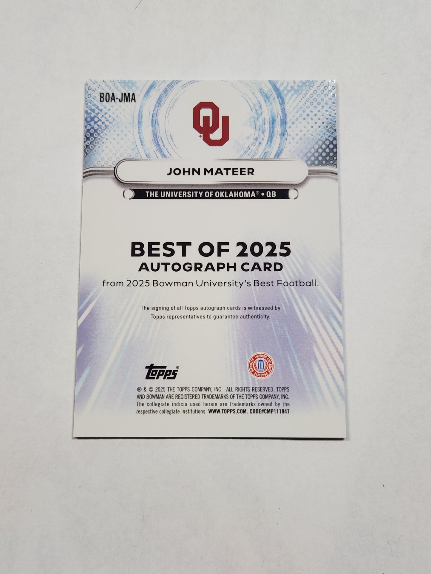2025 Bowman Best of 2025 Autographs John Mateer # /75 Sooners BOA-JMA
